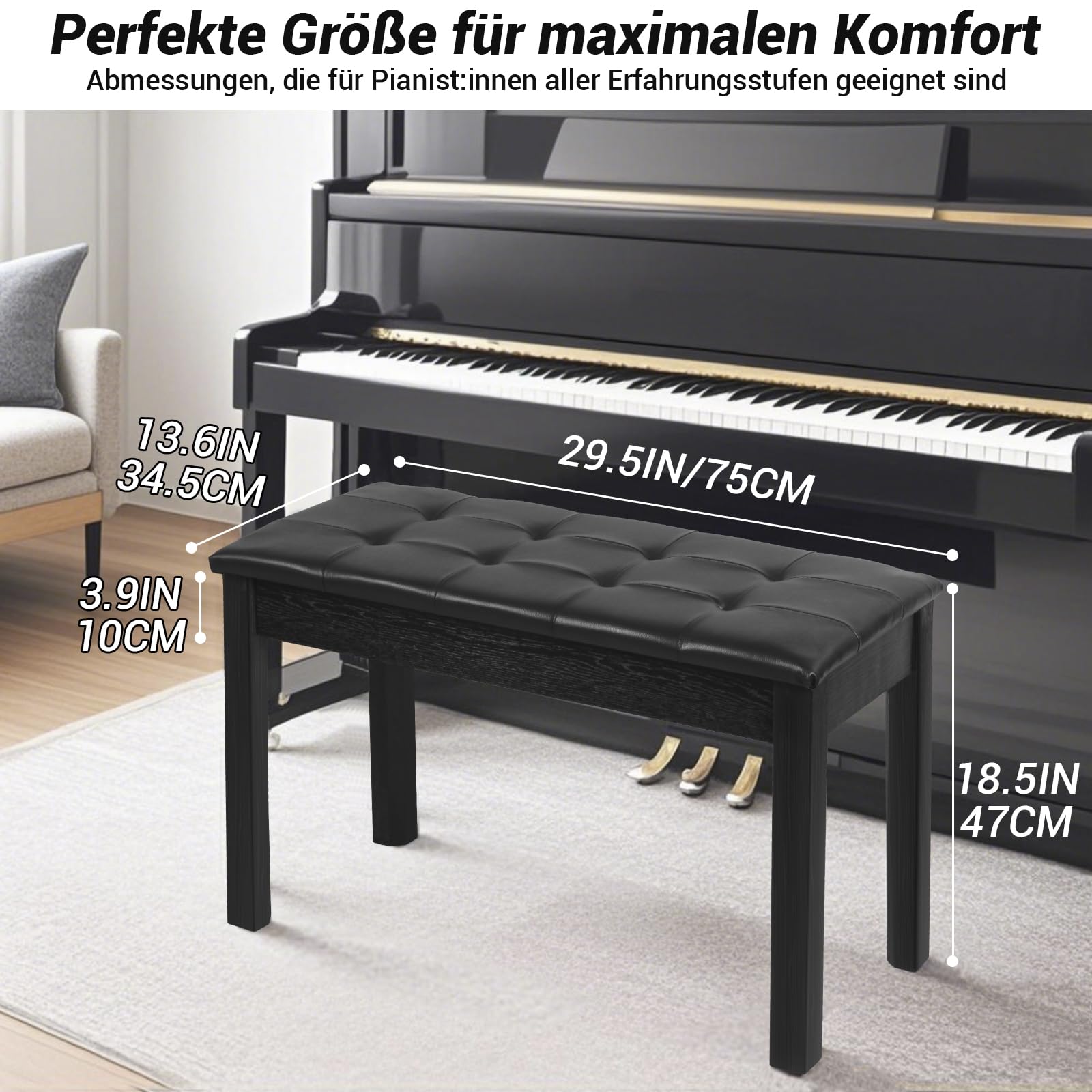 SUNDOY 75 cm Klavierbank aus Massivholz – Schwarzer Klavierhocker mit Weichem Sitzkissen – Modernes, minimalistisches Design, Korrosionsbeständig & Stabil – Für E-Piano & Keyboard, Schwarzer