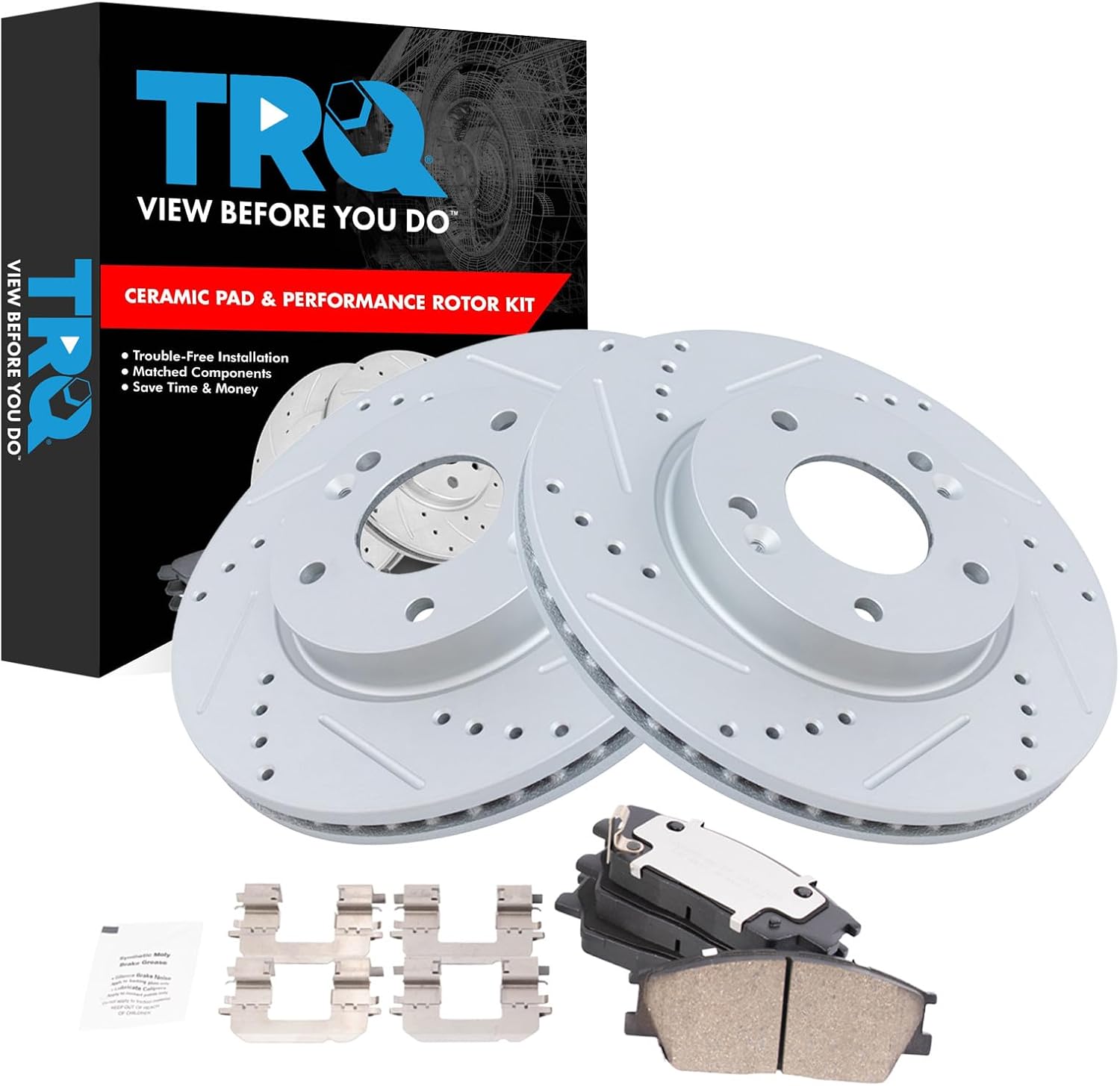 TRQ Front Brake Pad and Rotor Set Ceramic Coated Drilled Slotted Rotors Compatible with 2020-2021 Hyundai Venue 2020-2022 Kia Soul
