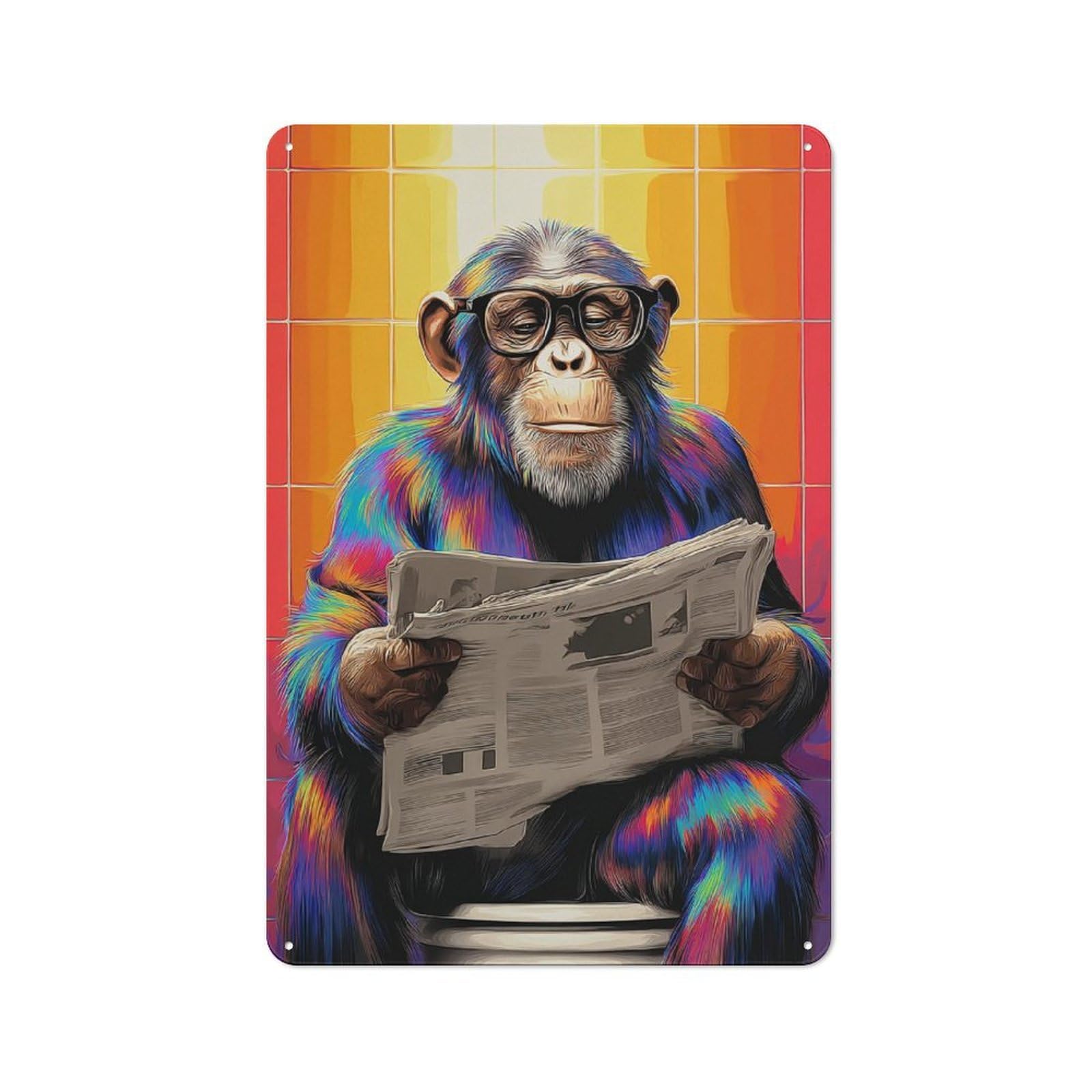 Tin Wall Plaque 30x20cm with Chimp Reading Newspaper on Toilet for Café Or Restaurant, Suited to Restaurant Decor Fans