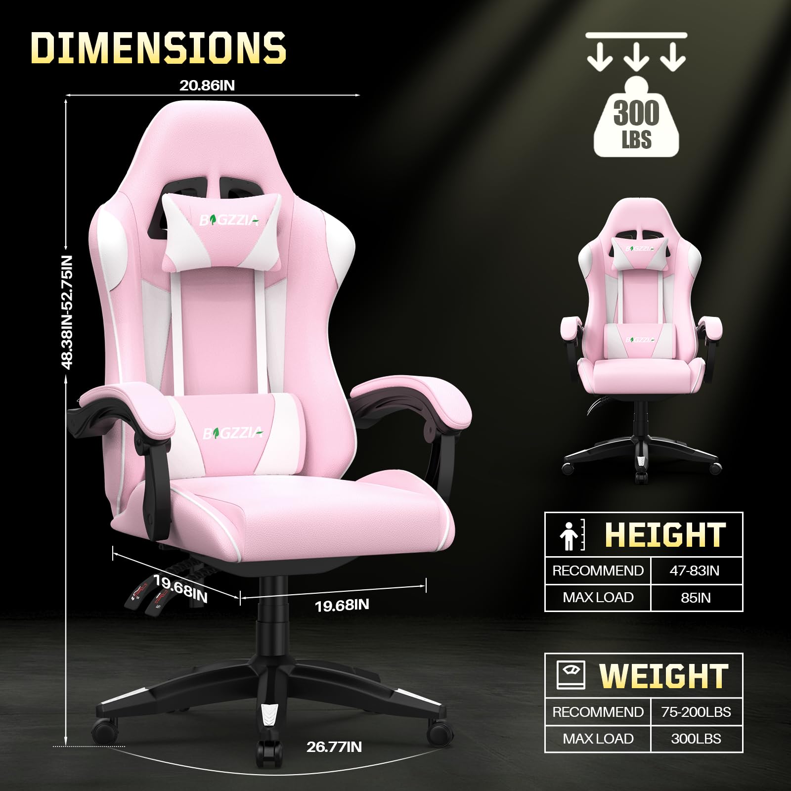 bigzzia Silla Gaming,Silla Ergonómica de Oficina en Cuero PU,Regulable en Altura con Soporte Lumbar y Reposacabezas,Respaldo Reclinable 155°,Silla Gamer Adulto Niño(Rosado)