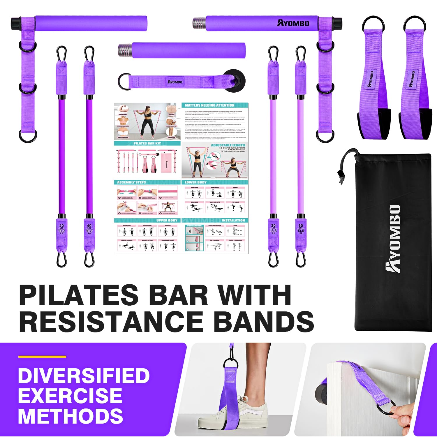 Equipo de pilates, kit de barra de pilates con bandas de resistencia, equipo de entrenamiento de pilates multifuncional ajustable para hombres y mujeres, barra de pilates portátil, equipo de gimnasio