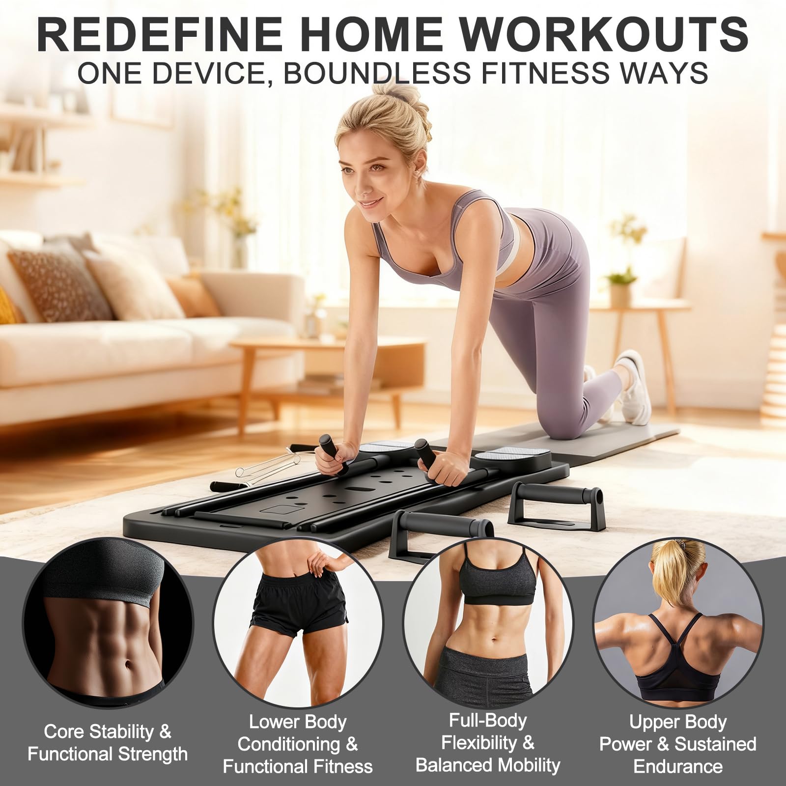 Roadtime Reformateur Pilates 6 en 1 Amélioré Pliable Ensemble et minuteur,Compact de Plateau Pilates pour la Protection des Genoux et Entraîneur Multifonctionnel, Planche Abdominale avec Rebond BK