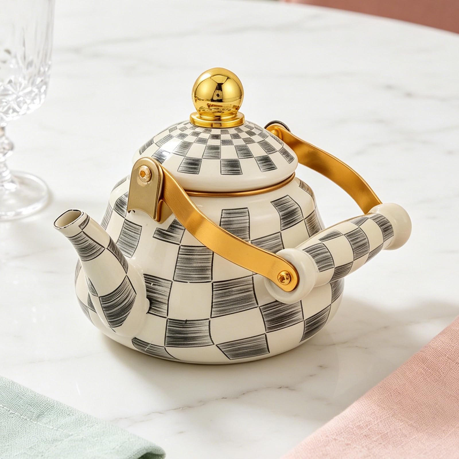 Alipis Hervidor de Agua Esmaltado Diseño Retro con Mango Dorado y Boquilla Larga Vintage con Capacidad de 1.5l Adecuado para Camping al Aire Libre y Mesa de Té