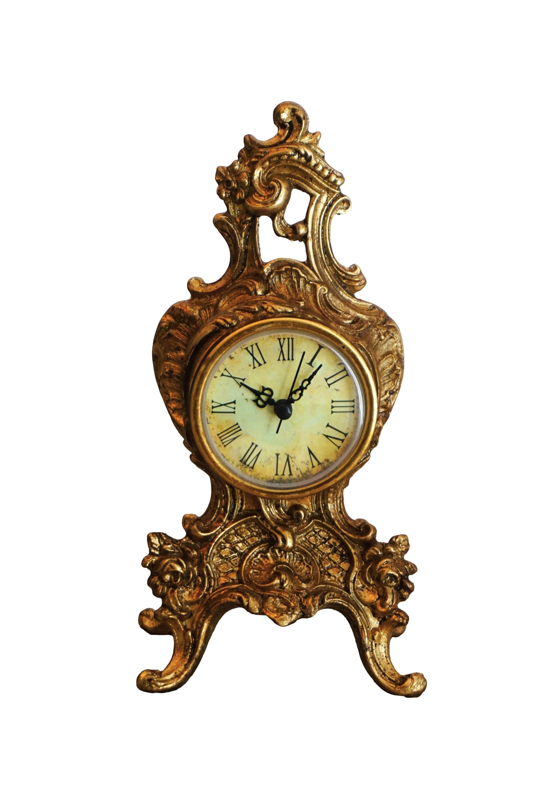 Vintage kunstvolle goldene Tischuhr mit römischen Ziffern Zifferblatt – Antik Stil Dekorative Kaminuhr Barock Harz Schreibtischuhr für Wohnzimmer, Schlafzimmer, Büro & Kaminsims – 20,6 cm