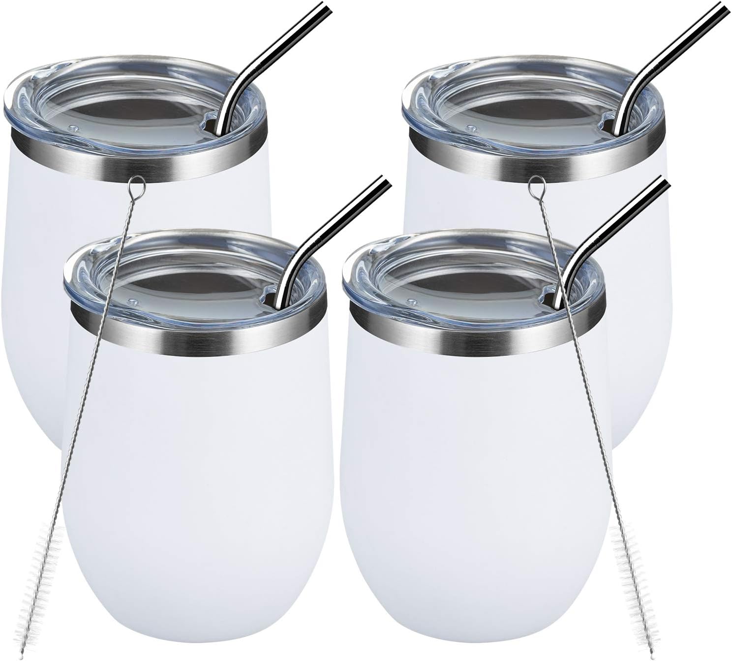 MEWAY 12oz/4 Pack Wine Tumbler Glasses with Lid - Stemless Double Wall Vacuum Stainless Steel Travel Tumbler - Keeping Cold & Hot for Wine,Coffee,Cocktails,Drinks-Family and Gifts (White,Set of 4)