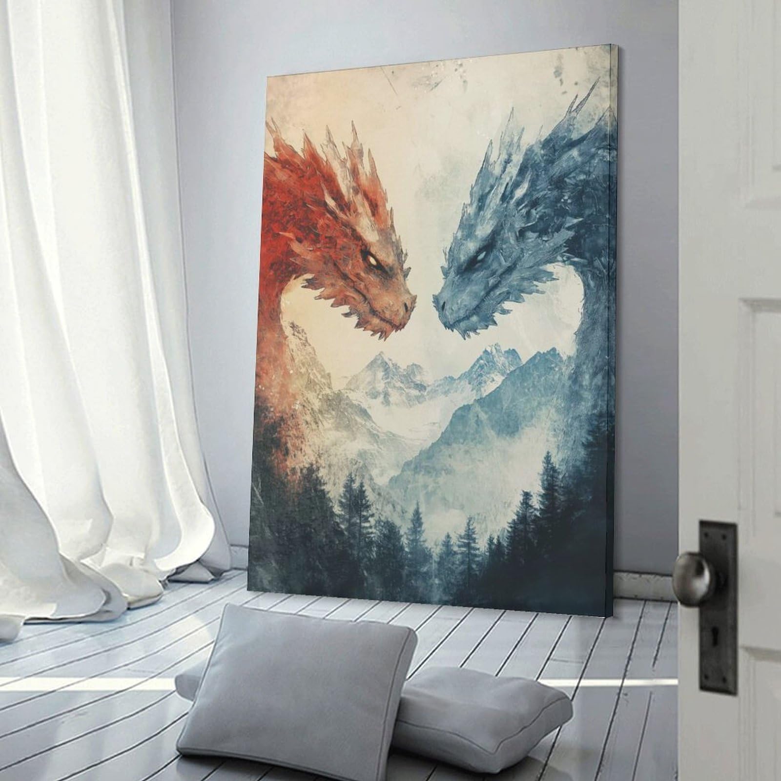 Junmoney Frame-Fire And Ice Dragons Fire And Ice Dragons Home Decor Wall Art 08X12inch(20X30cm), For Gallery Wall Layouts In Home Or Office, A Versatile Canvas Print For Layering