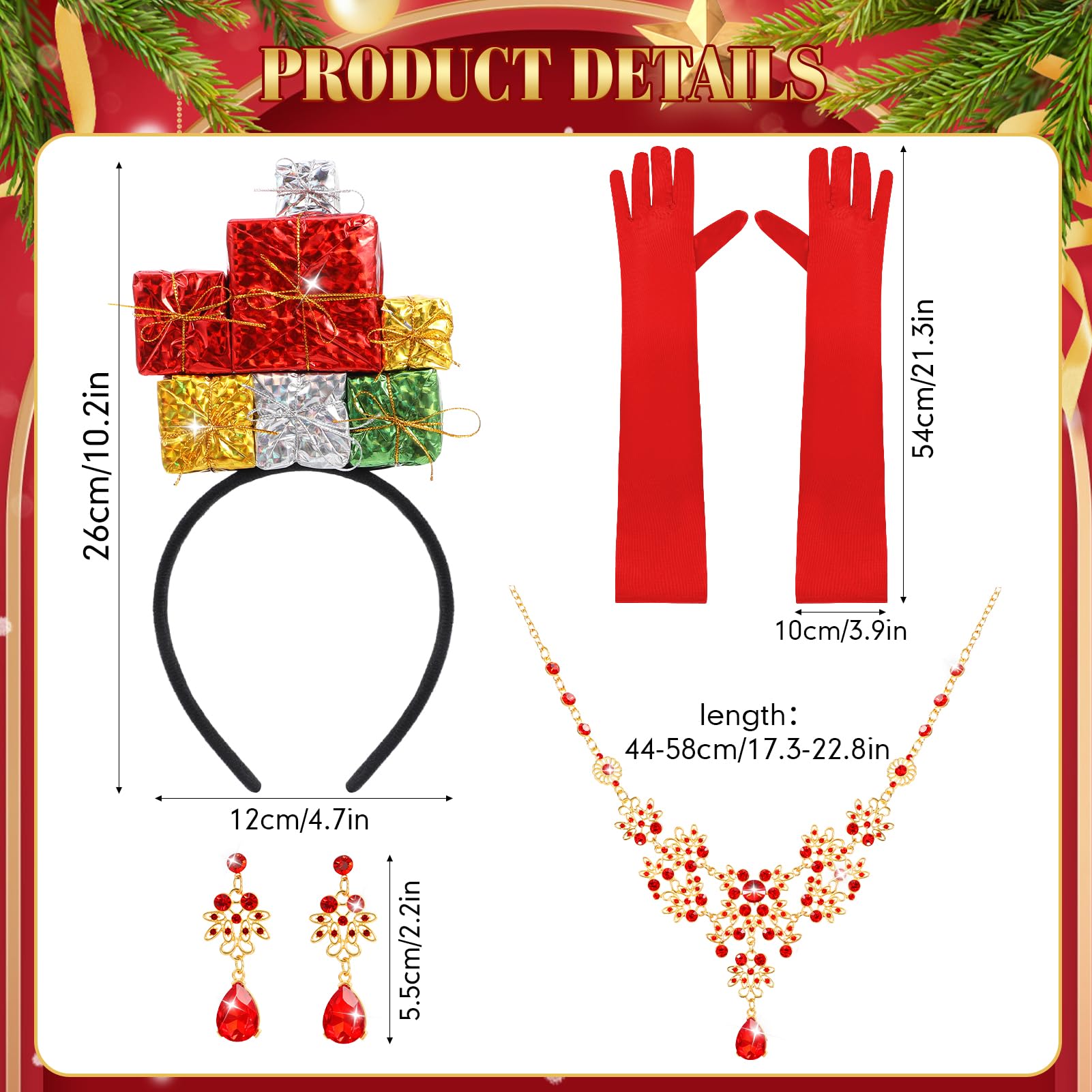 4PCS May Christmas Costume Women, Colorful Gift Headband Sparkly Necklace Earrings Red Gloves Set - Image 2