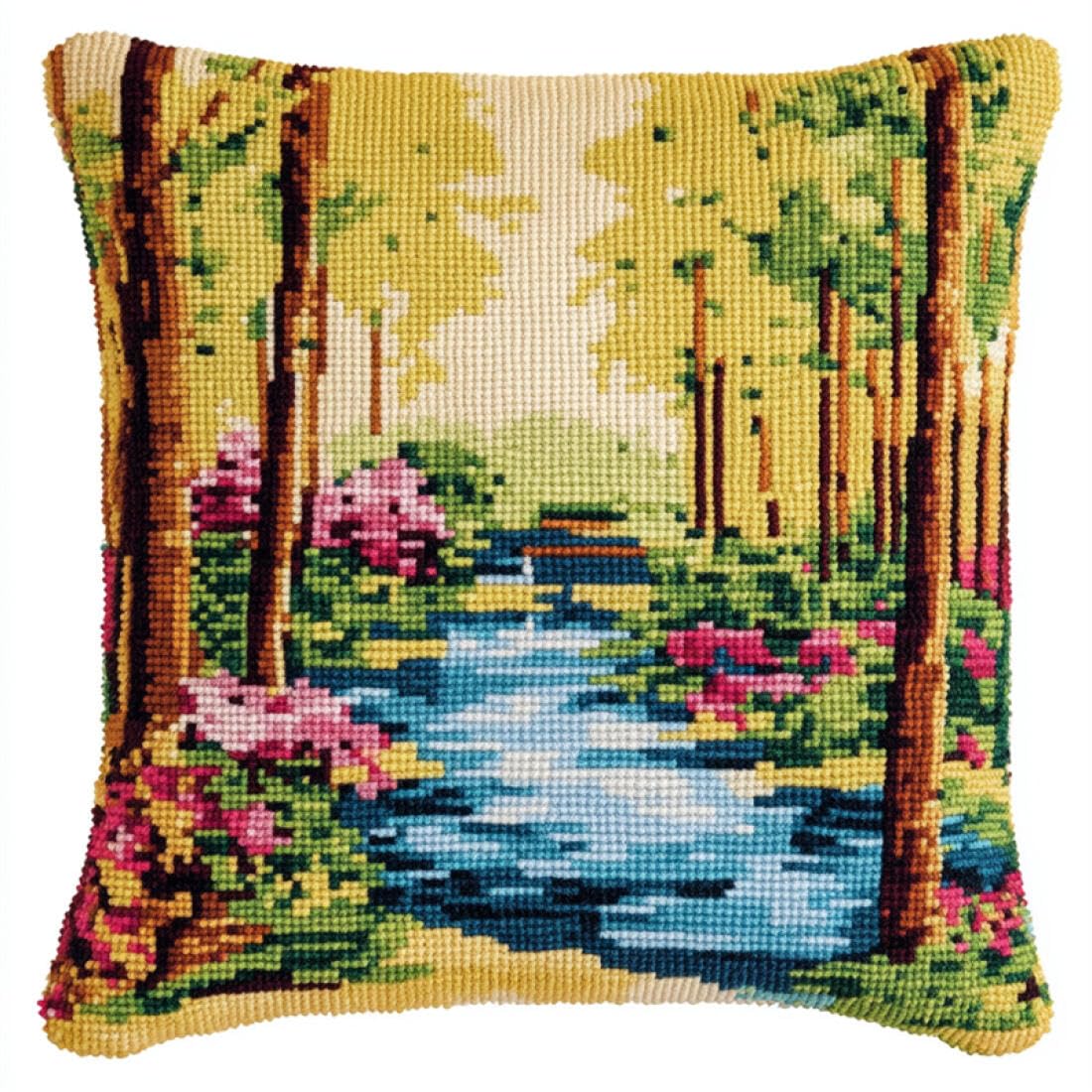 Kitquiver DIY Latch Hook Kit Forests River Scenery DIY Tapestry Throw Pillow Cover Needlepoint Cushion Kits for Home Décor Needlework Kit for Beginners 17x17In