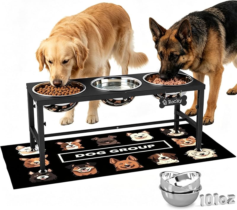 Comedouro elevado para cães ADENGL com 3 tigelas de aço inoxidável e altura ajustável, até 3000 mL