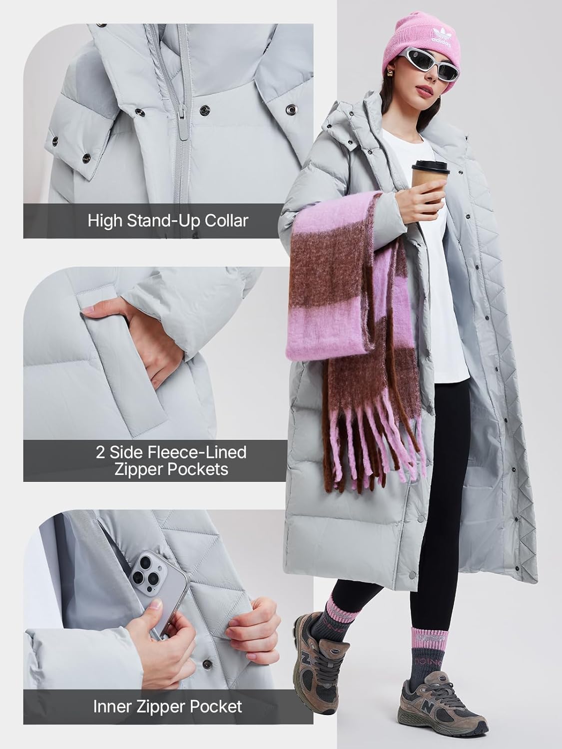 Women's 800FP Long Down Puffer Coat with Cinched Waist, Water-Resistant Winter Jacket with Removable Hood for Outdoor - Image 3