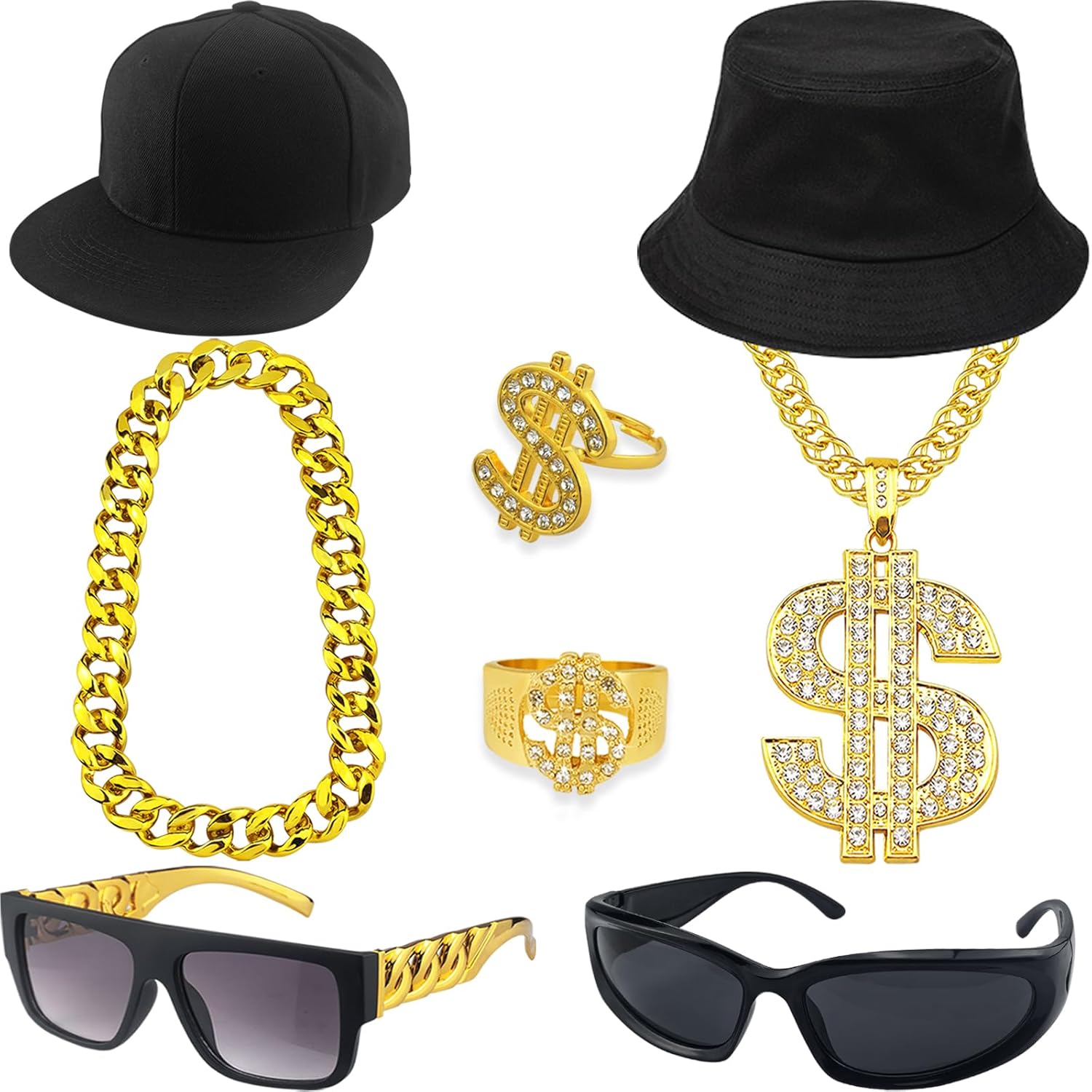 90s Hip Hop 80s Rapper Costume Dollar Sign Fake Gold Chain Ring 2000s Glasses Hat Rapper Outfit Accessories for Men