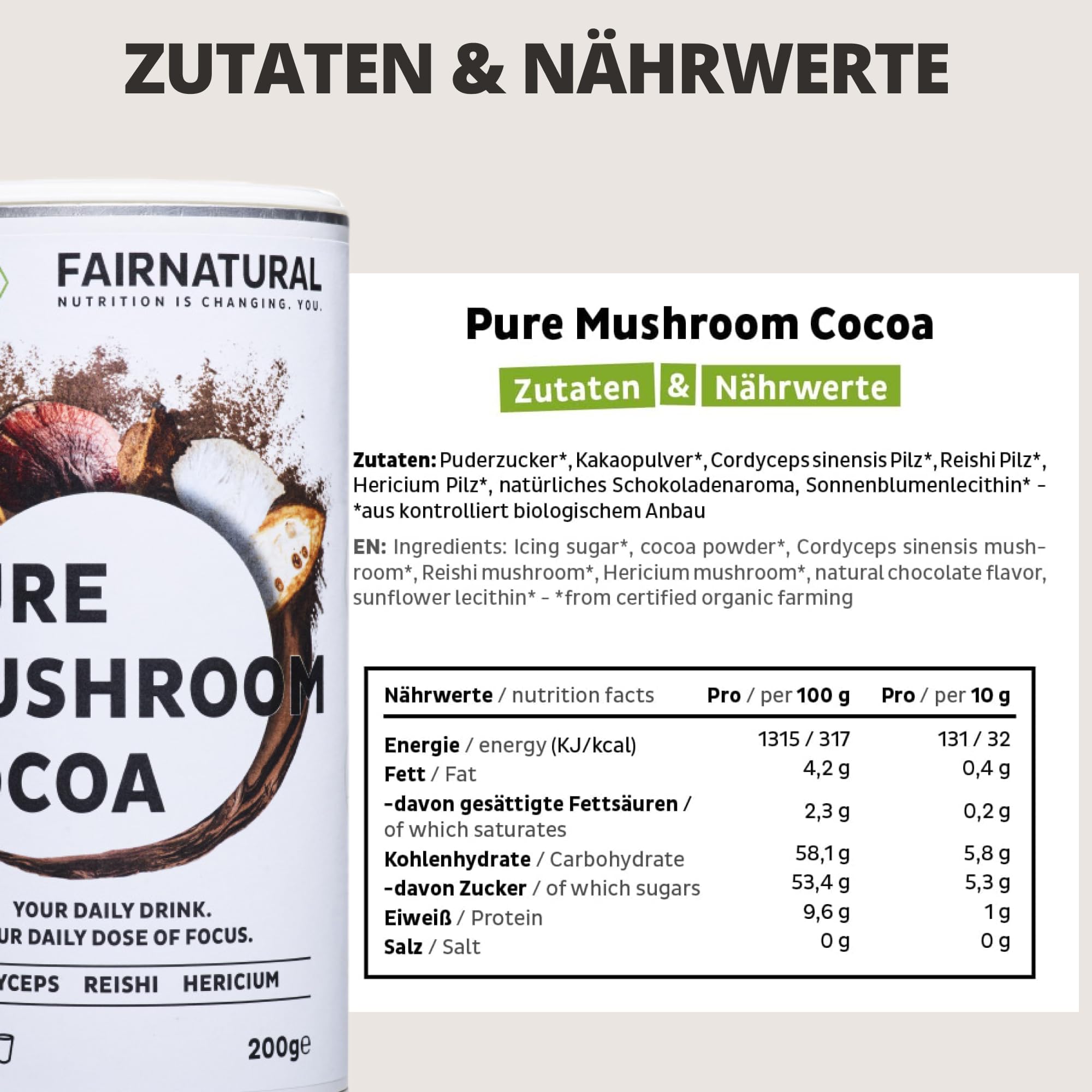 FAIRNATURAL® Pilz Kakaopulver Vegan [SCHOKO] - Mushroom Powder Komplex Hochdosiert - Pilzkaffe - Mushroom Coffee - Vitalpilze Kakao aus Reishi Extrakt, Hericium & Chaga Pilz - 3x20 Portionen (600g)