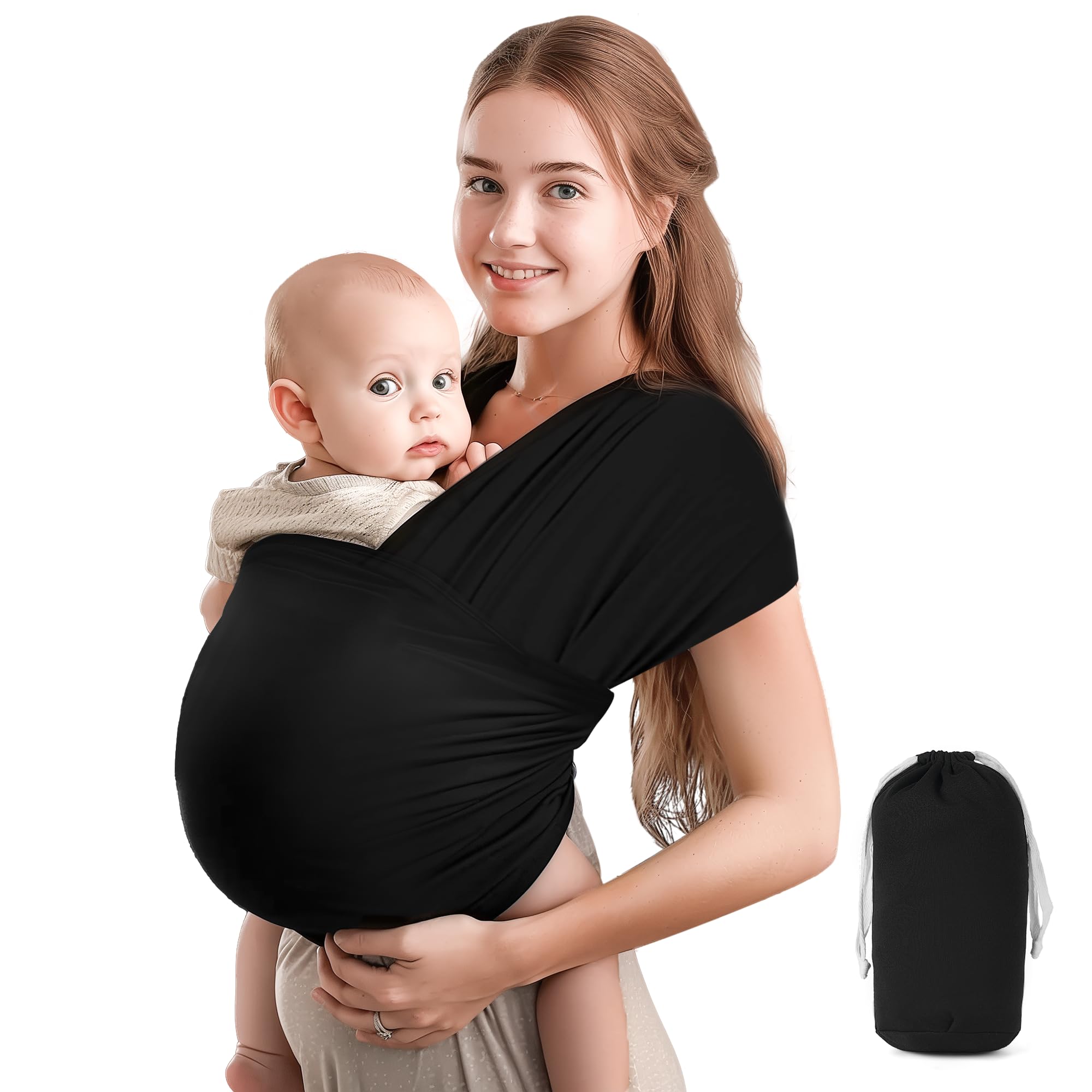 Chustonos do Noszenia Dzieci, Bawełniana i Oddychająca Chusta do Noszenia Niemowląt, Maksymalne Obciążenie 15 kg, Wymiary 5,3 m × 0,58 m, Ergonomiczny Design (Czarny)