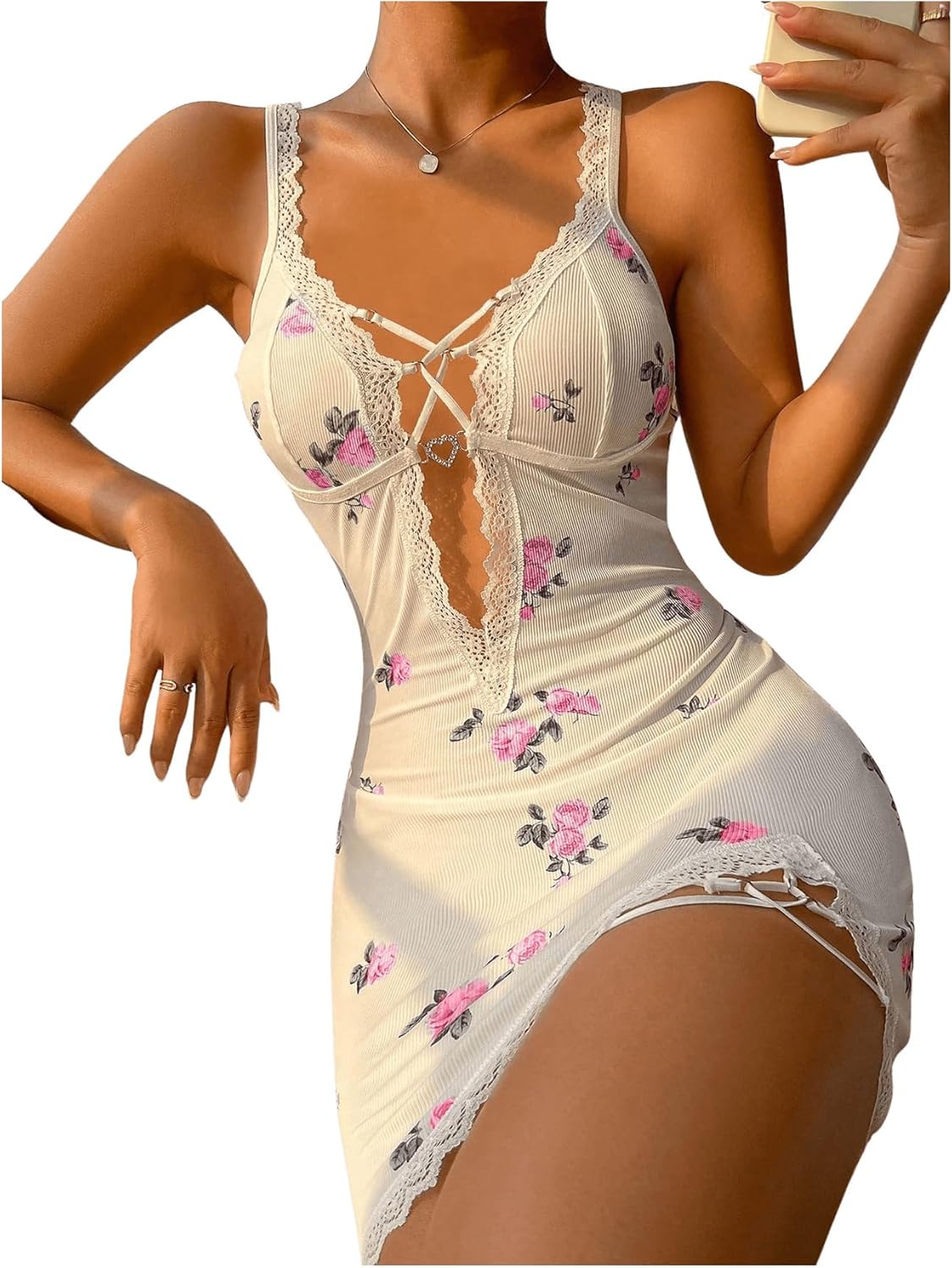 SHENHE Women's Ribbed Deep V Neck Floral Print Lace Trim Sexy Nightgown Chemise Slip Dress