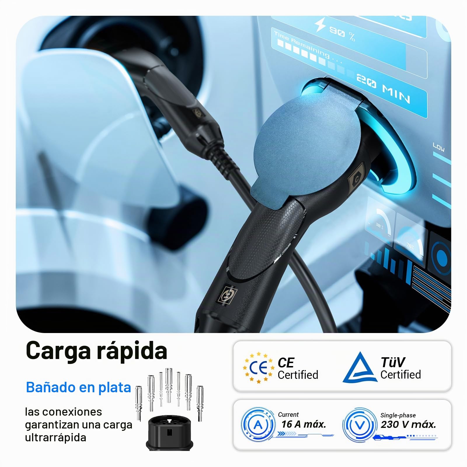 Tera Cable de Carga EV Tipo 2: 3,6 kW, 16 A, 5 Metros, 1 Fase, Tipo 2 a Tipo 2, Mennekes IP55, Carga rápida, Cable de Carga rápida, Coche eléctrico Tipo 2 para Coche eléctrico EV/PHEV, Instrucciones