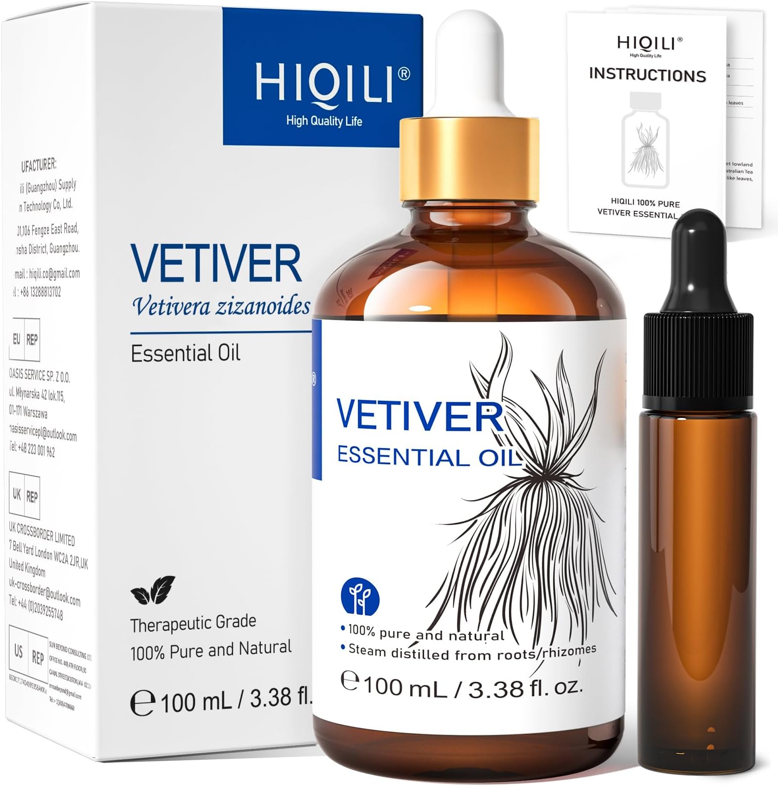 HIQILI 100ML Vetiver Essential Oil, 100% Pure Natural for Diffuser Calm and Relation- 3.38 Fl Oz