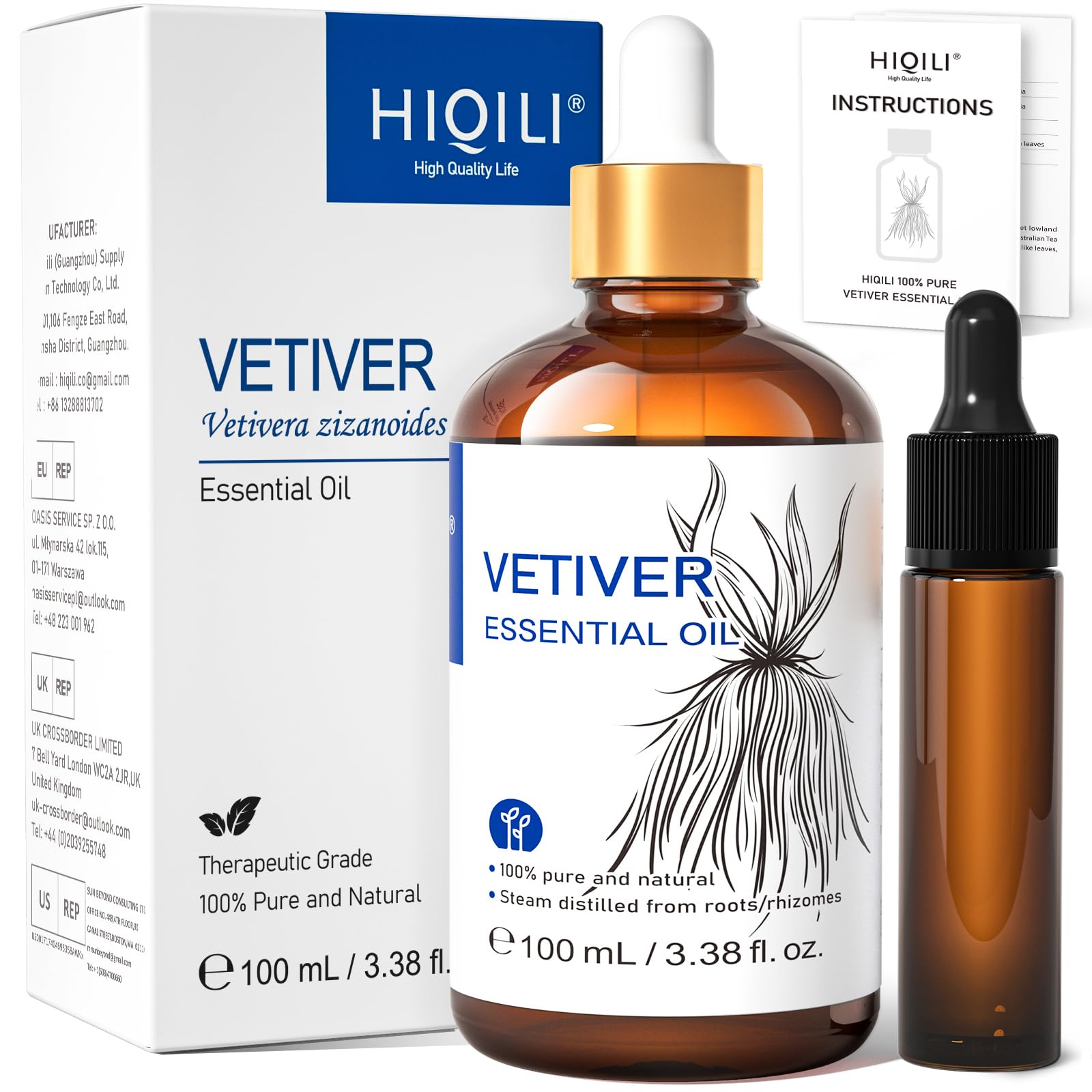 HIQILI Pure Natural Vetiver Essential Oil, Perfect for Aromatherapy Massage and Skin Care (3.38fl. oz)