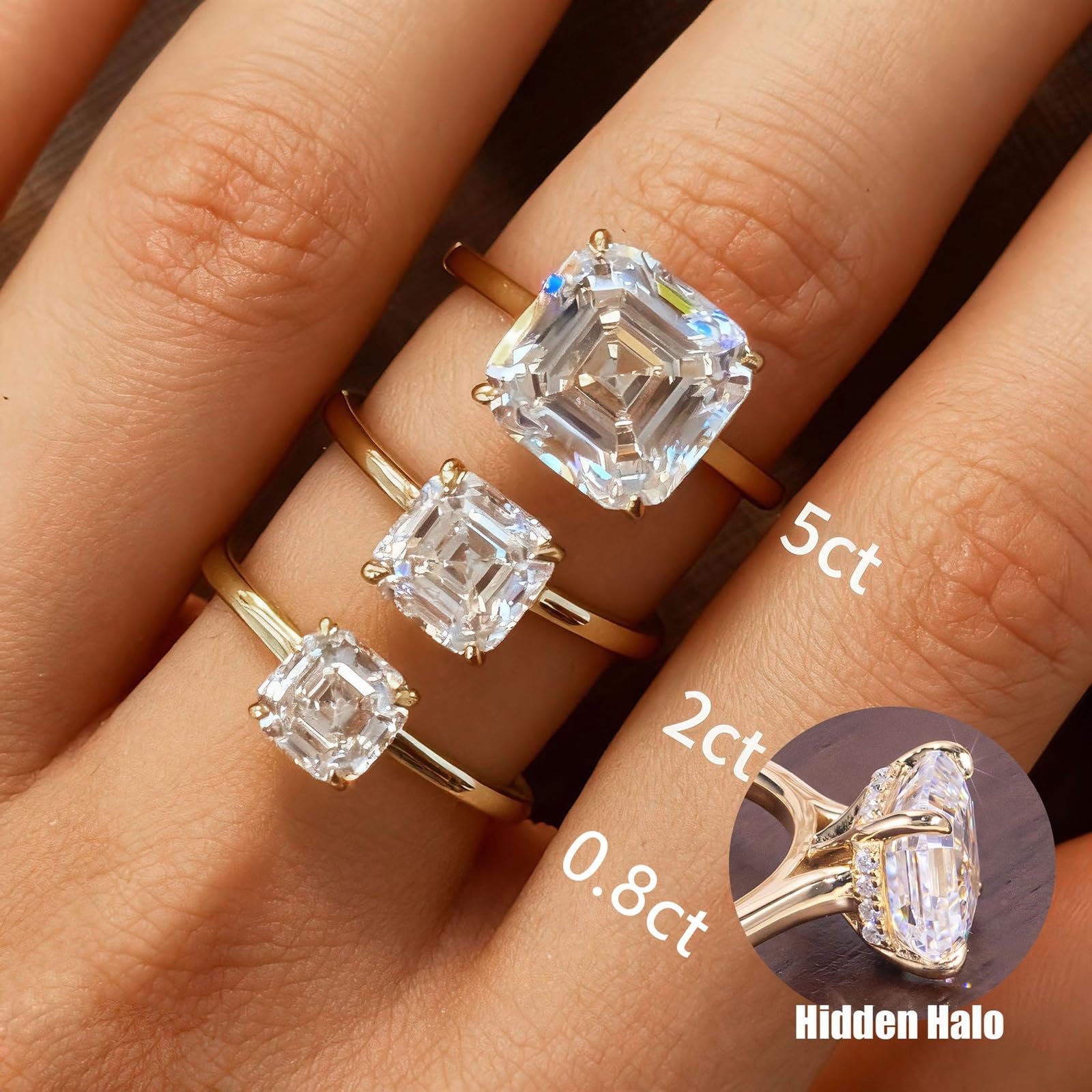 Anillo de moissanita de oro amarillo, anillo con moissanita Asscher de 1 quilate, 2 quilates, 3 quilates, 5 quilates