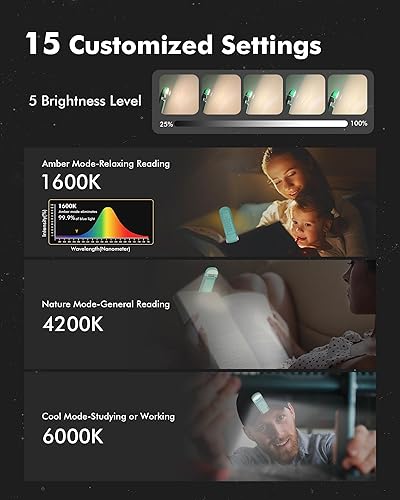 Miniatura 2 de REALSLIGHT Luz de libro recargable por USB para leer en la cama, lámpara LED con clip con función de memoria, luz de lectura con temporizador, 3