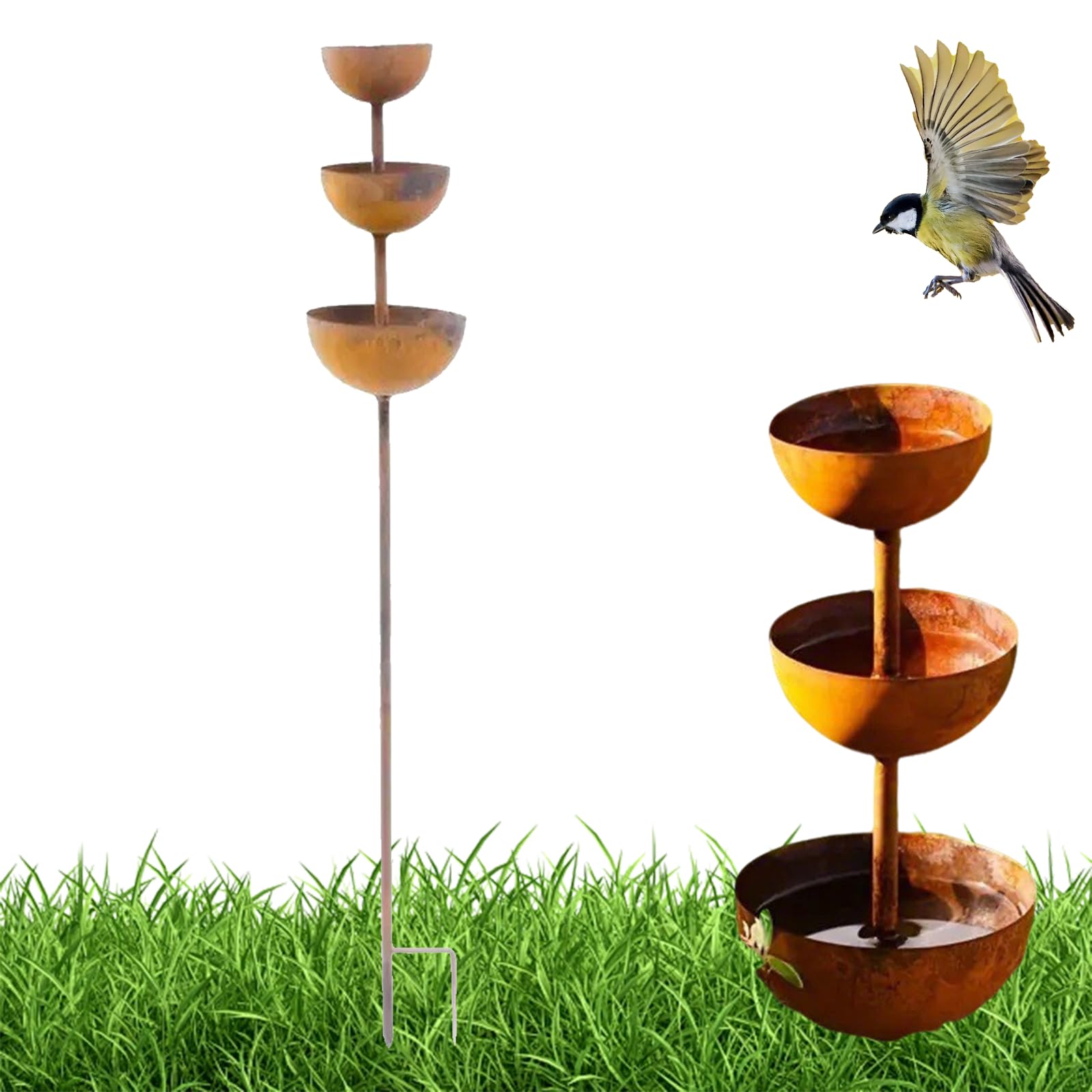 Kryilut Metal Rain Catchers For Garden, Rust Patina Metal Rain Catcher Garden Stake With Water Bowl, Outdoor Rainwater Collection For Bird Attraction & Climbing Plant Support (1pc)