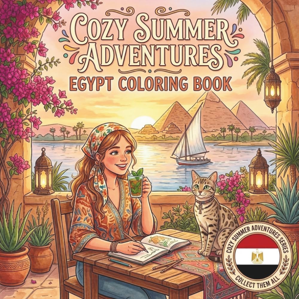 Cozy Summer Adventures: Egypt Coloring Book: A Relaxing Travel Coloring Book for Adults and Teens Featuring Pyramids, the Nile, Egyptian Markets, and Cozy Summer Scenes