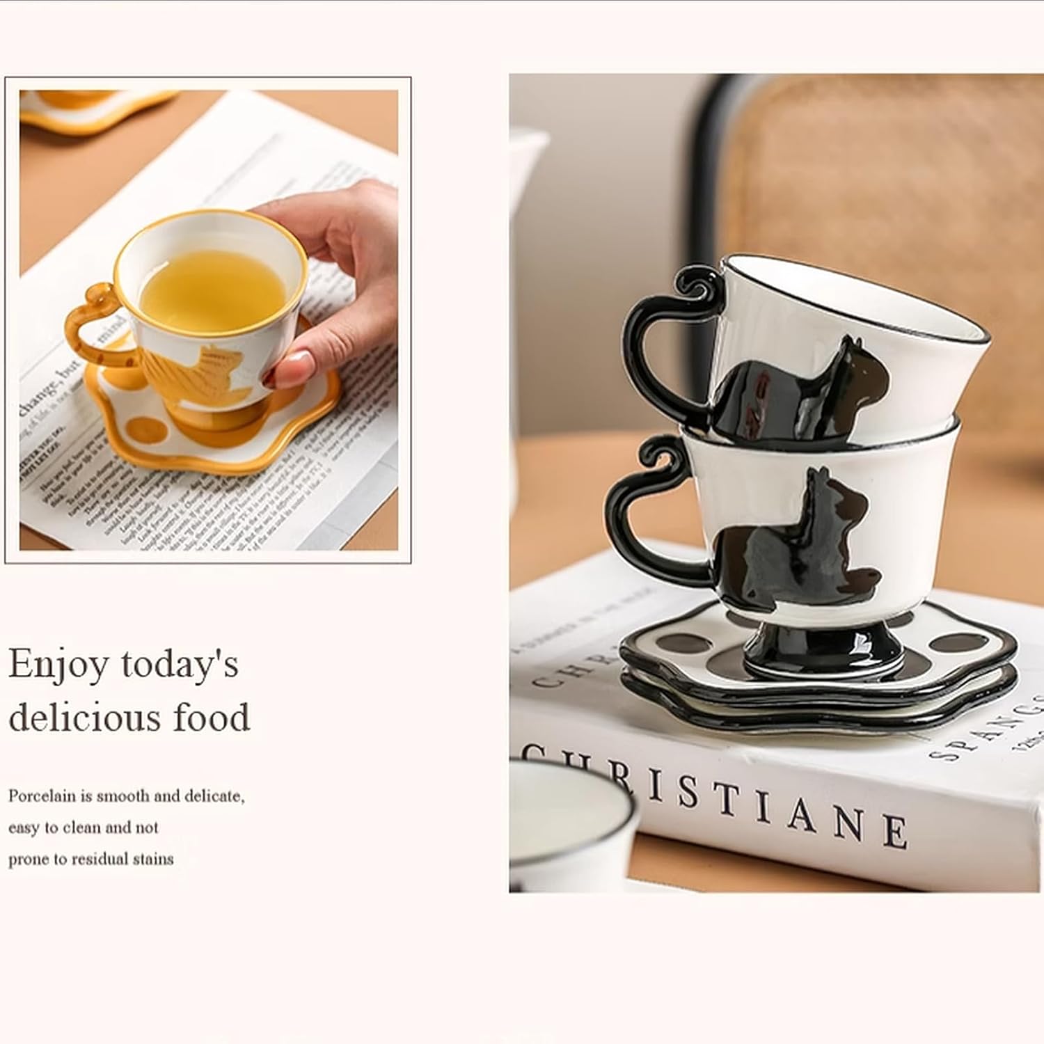 Porcelain Tea Set(1 Pot 4 Cups), Afternoon Tea Set, Suitable for Birthdays, Mother's Day, Christmas (Yellow Cat)