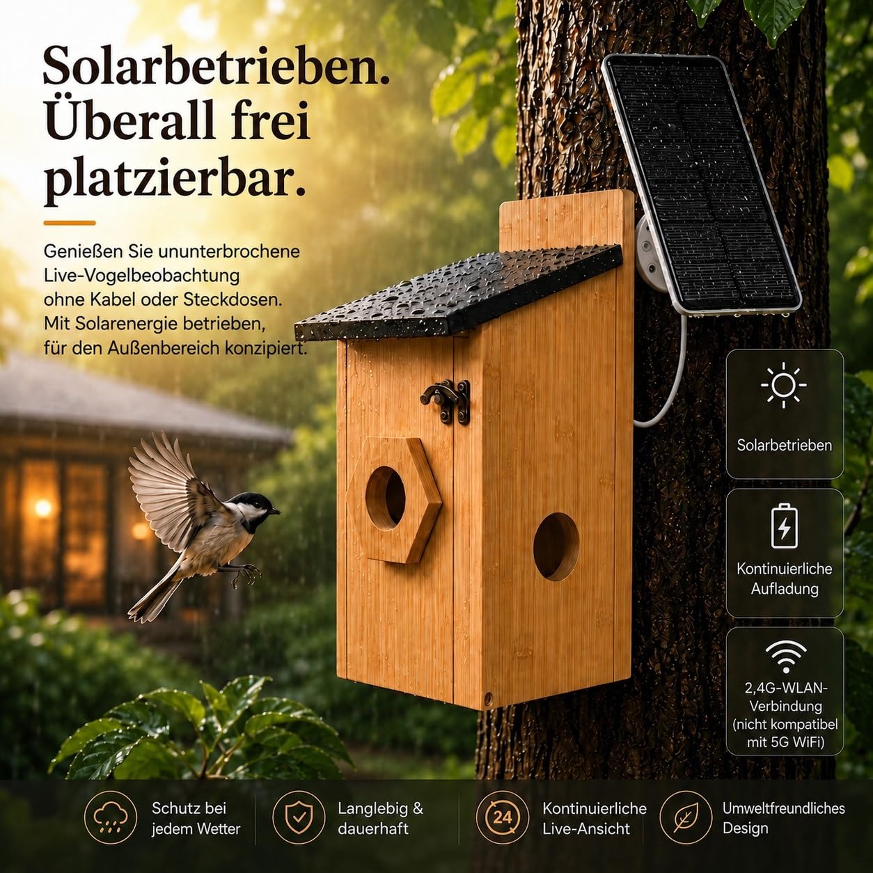 Vogelhaus mit Kamera, 5MP HD Nistkasten für draußen, 2,4G WiFi & App Benachrichtigung, Beobachtung von Nestbau und Brut, Automatische Aufnahme von Vogelvideos & Bewegungserkennung, Solarbetrieb