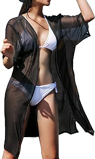 LA CARRIE Women's Chiffon Kimono Cardigan Cover Up with Half Sleeve Summer Sheer Beachwear Swimsuit for Bikini