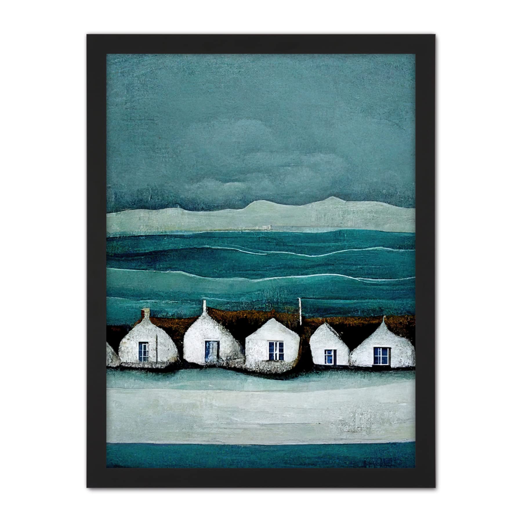 Row Of White Fisherman Cottages Isle Of Jura Artwork Framed Wall Art Print 18X24 Inch