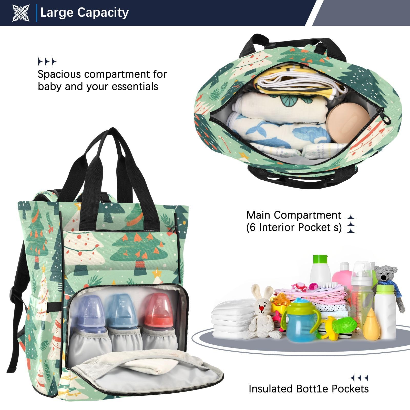 ÁRboles Verdes Festivo Simple Vacaciones Mochilas de Pañales para Gran Capacidad Pañal Bolso Mochila para Viajar al Aire Libre Mamá y Papá