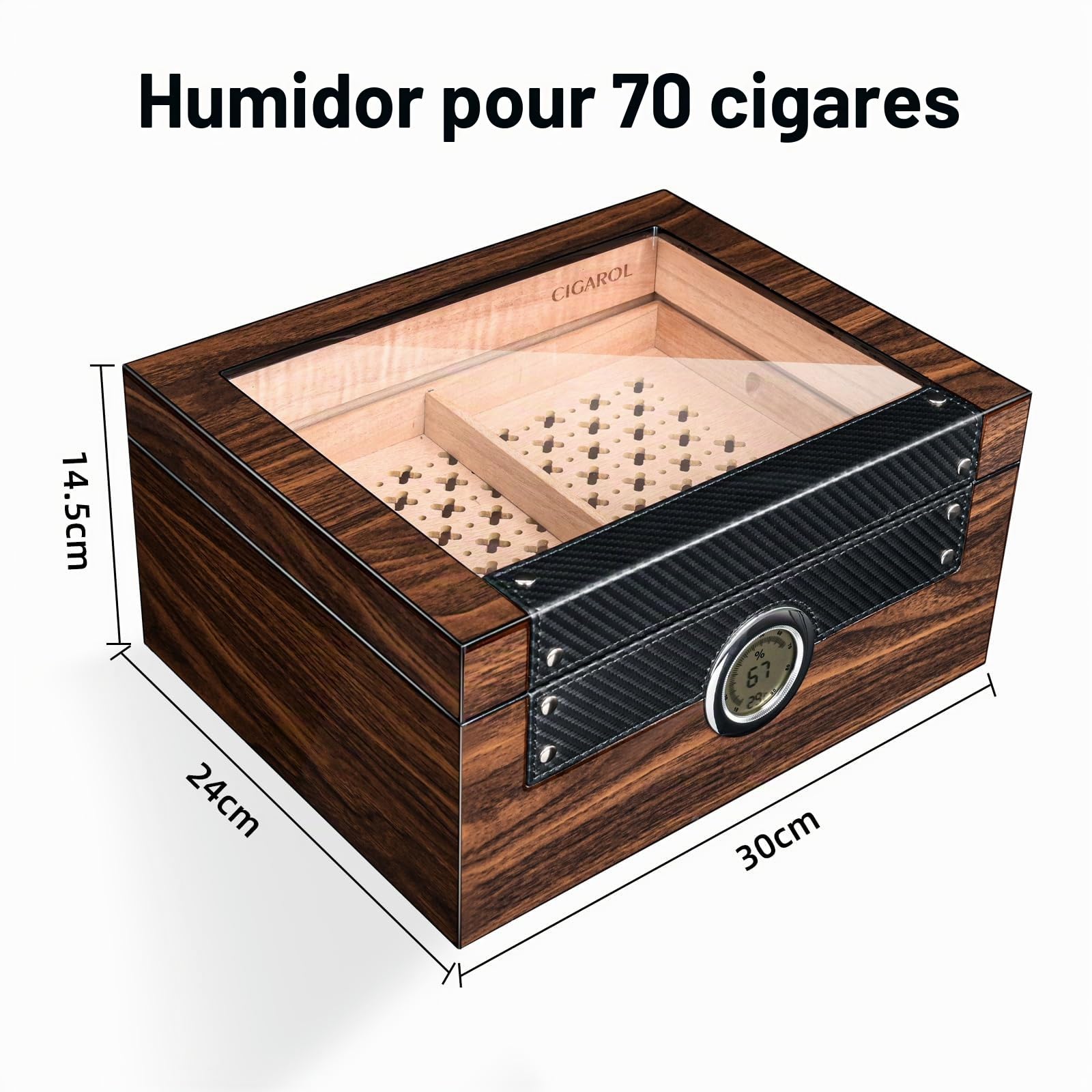Boîte a Cigare de Luxe, Cave à Cigare en Cèdre Espagnol Capacité 70 Cigare Cubain, Humidor Cigares avec Hygromètre, Humidificateur Cigares, Plateau détachable, Superbe Cadeau pour Hommes
