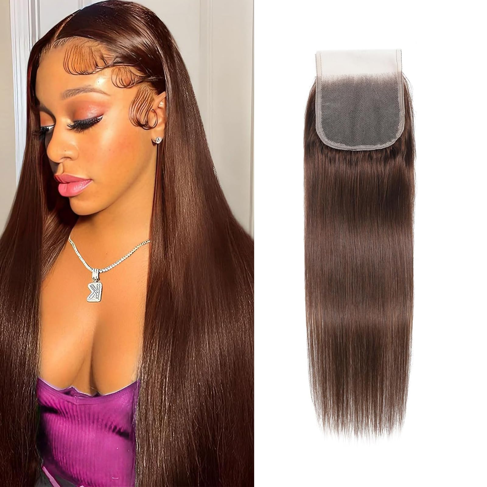 KAFEIER Brazilian Chocolate Brown 4x4 Free Part Straight Wave Closure Brazilian Human Hair Extensions Preplucked Bleached Knots Sew In Weave Closure