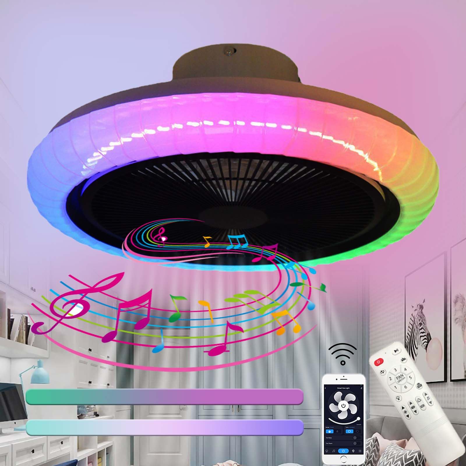 Ventilador De Techo Con Luz Rgb Lampara Con Ventilador Techo Dormitorio App Alexa Ventoinha De Teto Reversible LED Regulable Cambia De Color Silencioso Dormitorio Salón 50cm 6 Velocidades.