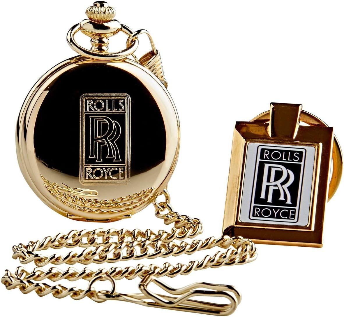 Set Rolls Royce Gold Pocket Watch and Keyring Keychain 24 Carat Coated Full Hunter with Chain in Wooden Gift Box