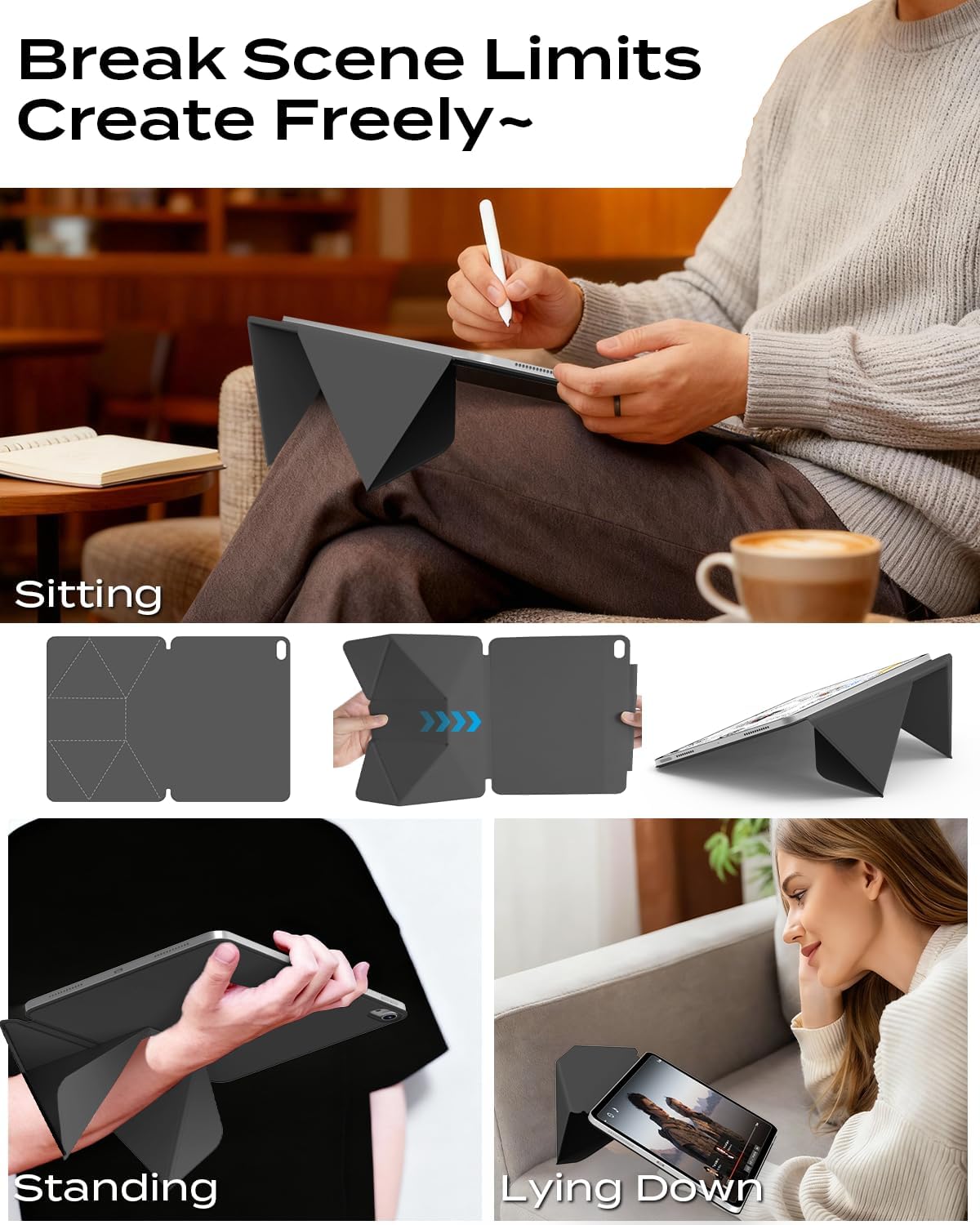JKSML Dynamic Folio Case for iPad Air M4/M3/M2 11" & Air 4th/5th Gen 10.9", Detachable Pencil Holder, 20+ Multi-Angle Origami Cover, Slim & Ergonomic & Powerful Magnetic - Black