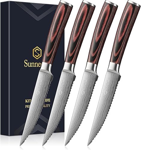 Sunnecko Razor-Sharp - Juego de 4 cuchillos de carne dentados de acero inoxidable de alta calidad, mango de madera de Pakkawood de 4.5 pulgadas con