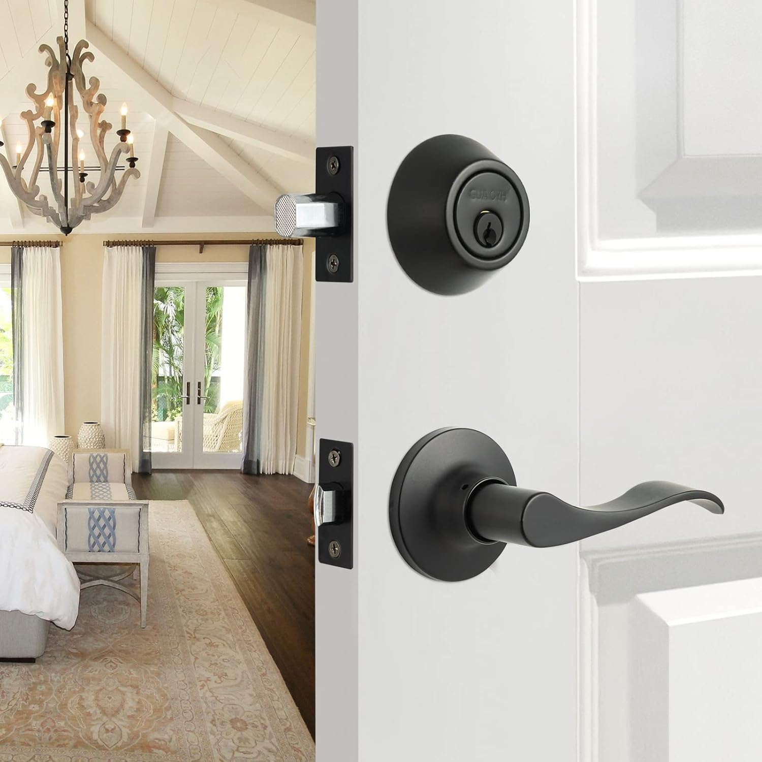 GUA OYH Front Door Lock Set Matte Black Entry Door Handle Sets with