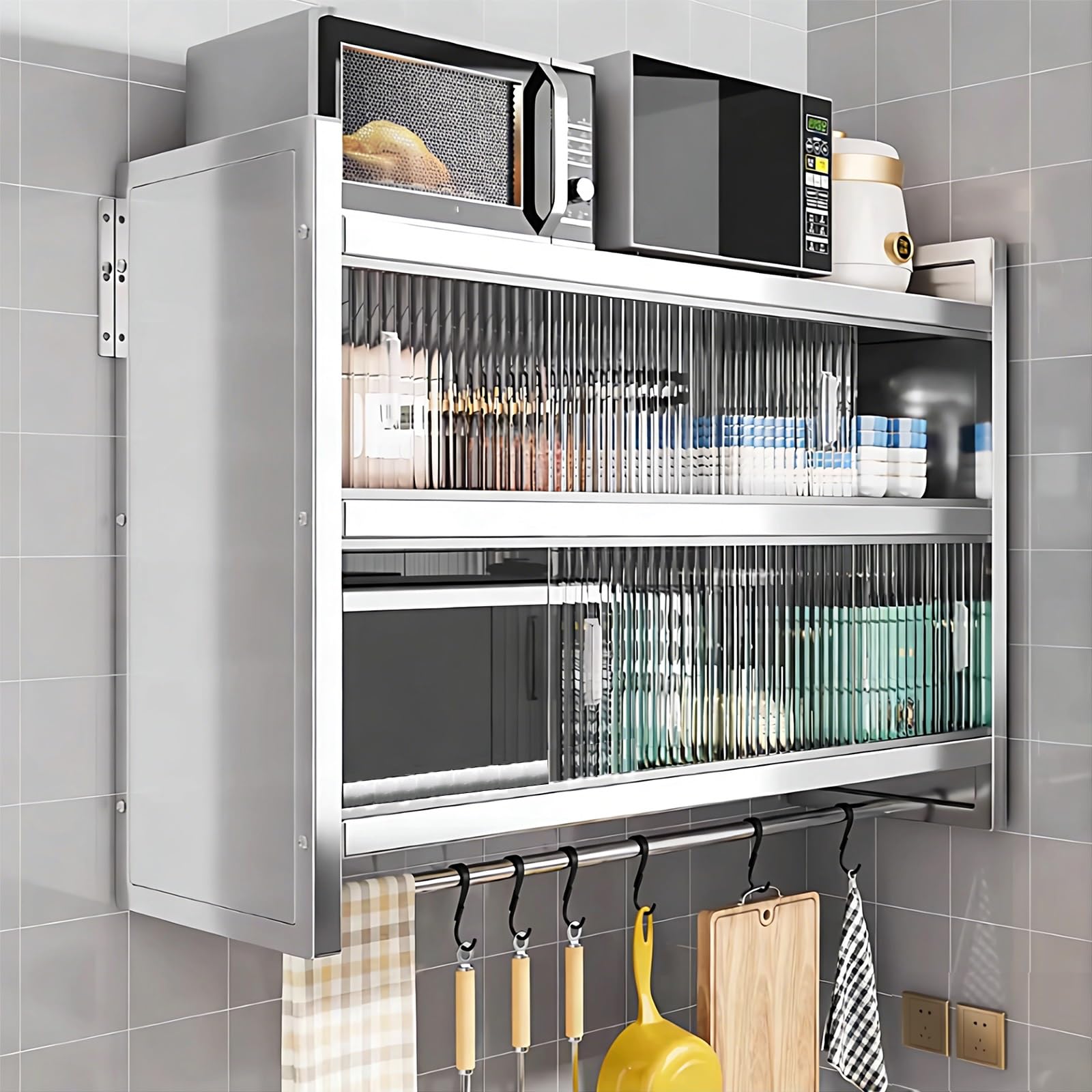 Armadietto portaoggetti con ante e mensole, grande capacità da parete per cucina, armadi da garage in acciaio inox, ideale per soggiorno, ufficio, scuola