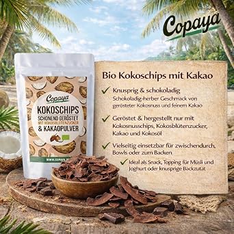 Copaya Organic Coconut Chips with Cocoa Fine & Crispy Coconut Chip Gentle Roasted in Coconut Blossom Sugar and Fine Cocoa (250 g)