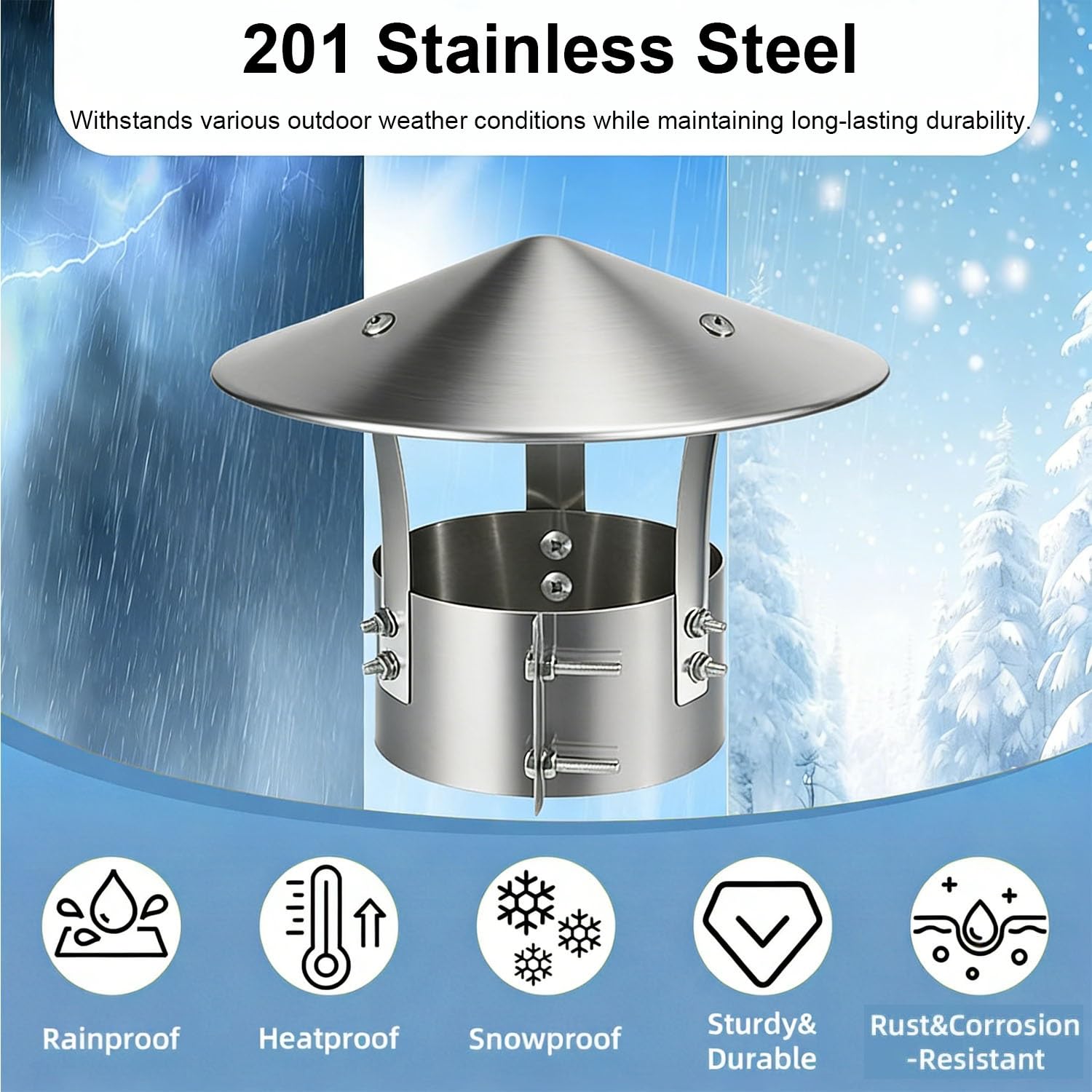 Tapa de chimenea de acero inoxidable, tapa de lluvia redonda para ventilación de escape, cubierta de techo resistente a la intemperie, compatible con tubos de estufa de 3 a 8 pulgadas para uso en