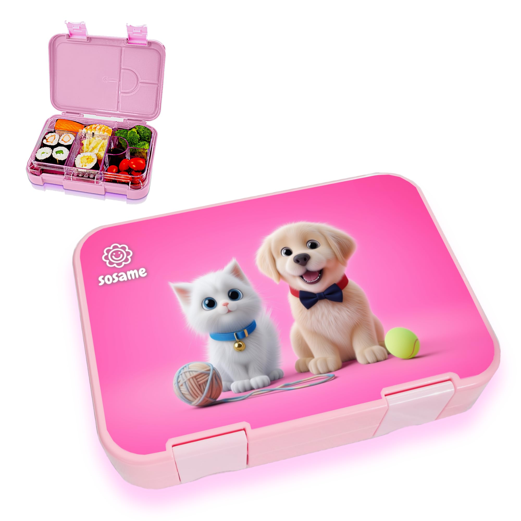 sosame Brotdose für Kinder mit 6 Fächern - Bento Lunchbox auslaufsicher - Jausenbox für Schule & Kindergarten (Rosa - Kätzchen&Welpe)
