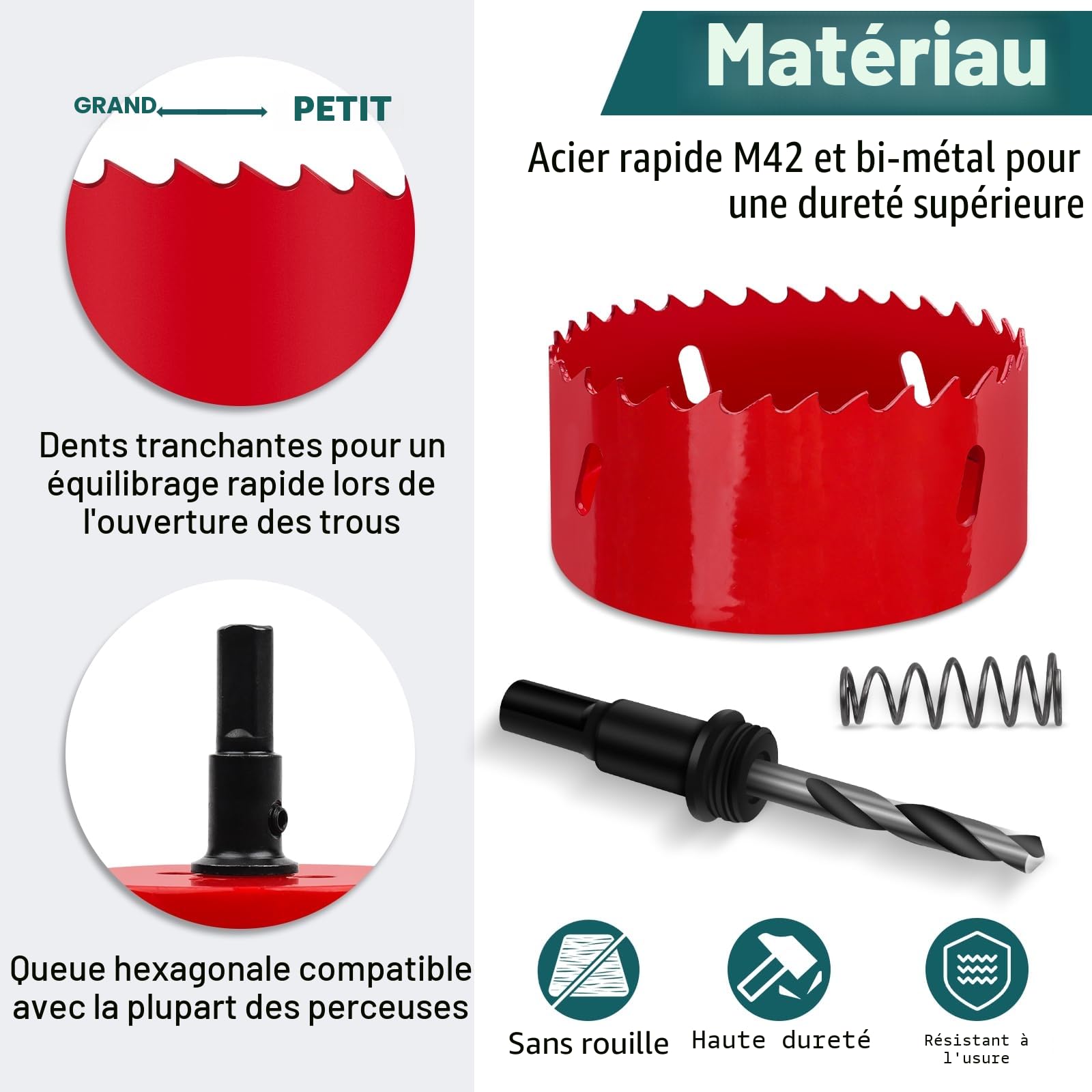 Scie Cloche 100mm HSS M42 Bi-Métal Scie à Trous Avec Adaptateur et Foret de Centrage pour Bois, Plaque de Plâtre, Plastique