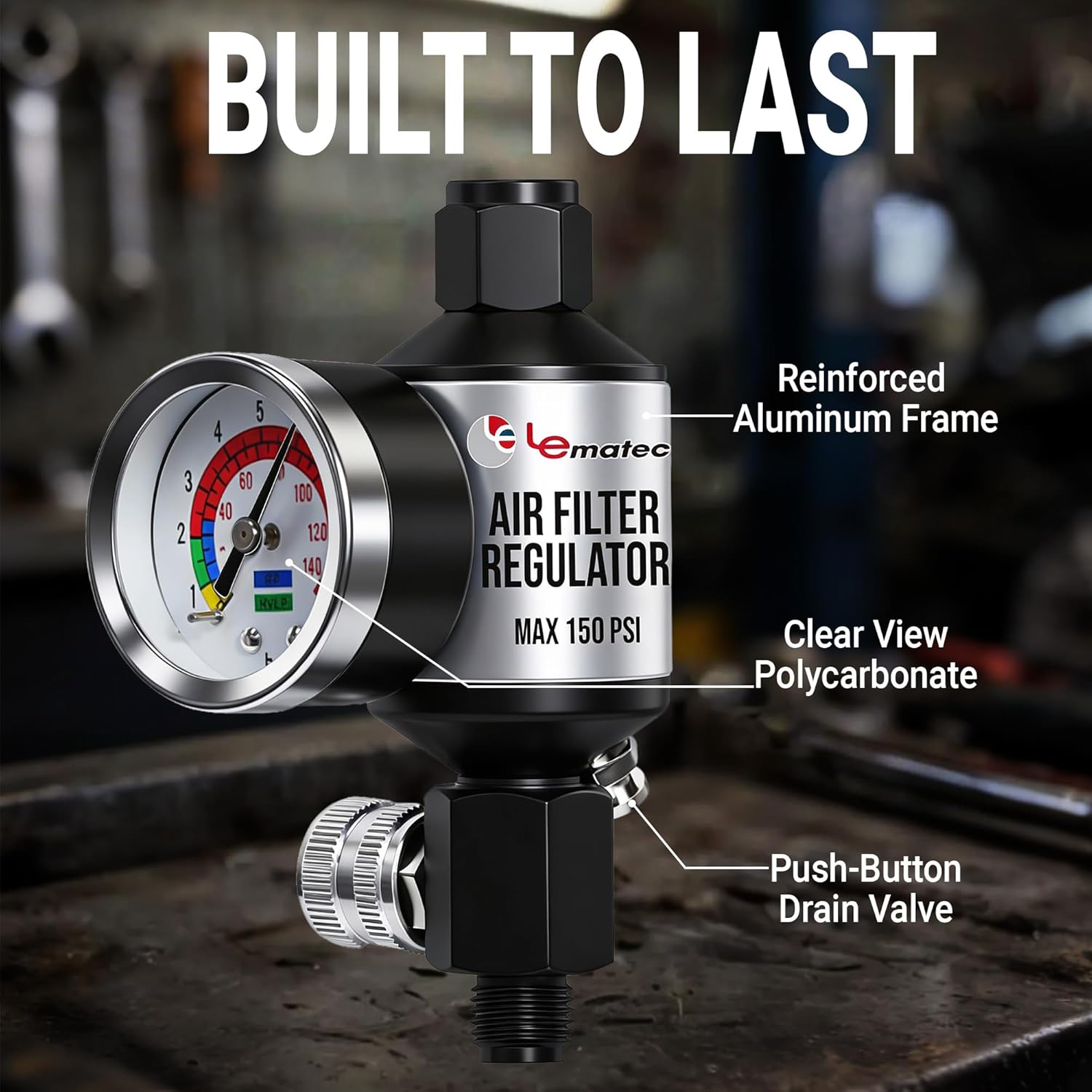 LE LEMATEC Spray Gun Regulator with Gauge & Water Separator - 1/4" NPT Inline Air Compressor Filter & Dryer - Precision Air Flow Control Valve for Paint Guns & Pneumatic Tools (150 PSI)