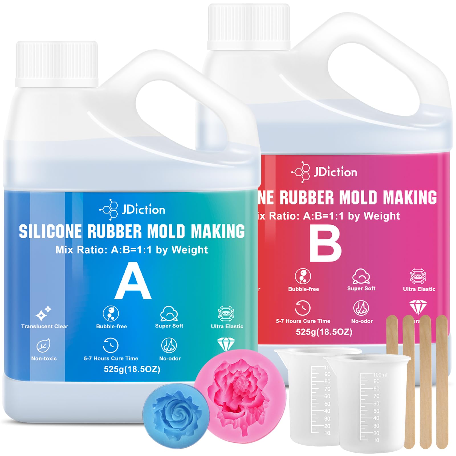 JDiction Silicone Mold Making Kit, 2.32lb(37oz) Super Elastic Liquid Silicone for Mold Making, Fast Cure Soft Mold Making Silicone Rubber for Casting Resin Molds/Silicone Molds/Candle Molds/Soap Molds