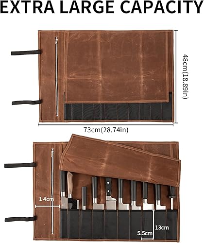 Miniatura 2 de Bolsa enrollable para cuchillos de chef, bolsa de lona encerada, portátil con 10 ranuras para cuchillos de chef con 1 bolsillo con cremallera, puede