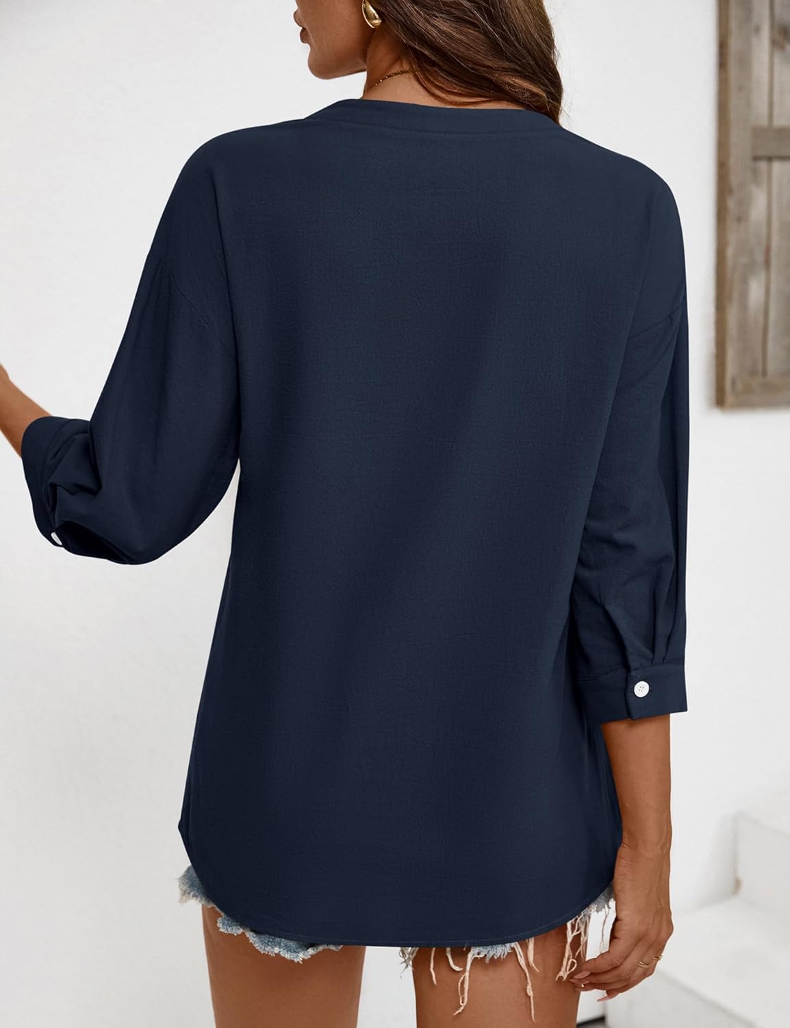 LOMON Womens 3/4 Sleeve Button Down Shirts Cotton Linen Roll Up Short Sleeve Tops V Neck Casual Loose Fit Blouses - Image 6