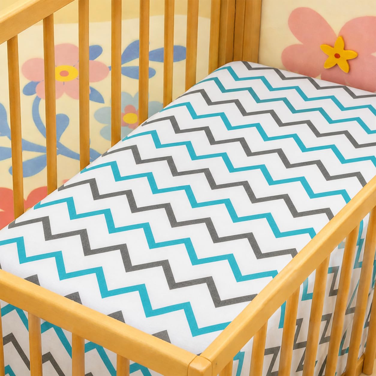Cottington Lane 100% Cotton Crib Fitted Sheet for Baby - Zig Zag Blue Print | Soft & Breathable Cradle/Cot Bedsheet with Elastic Fit | 52 x 28 x 6 Inches-image-29
