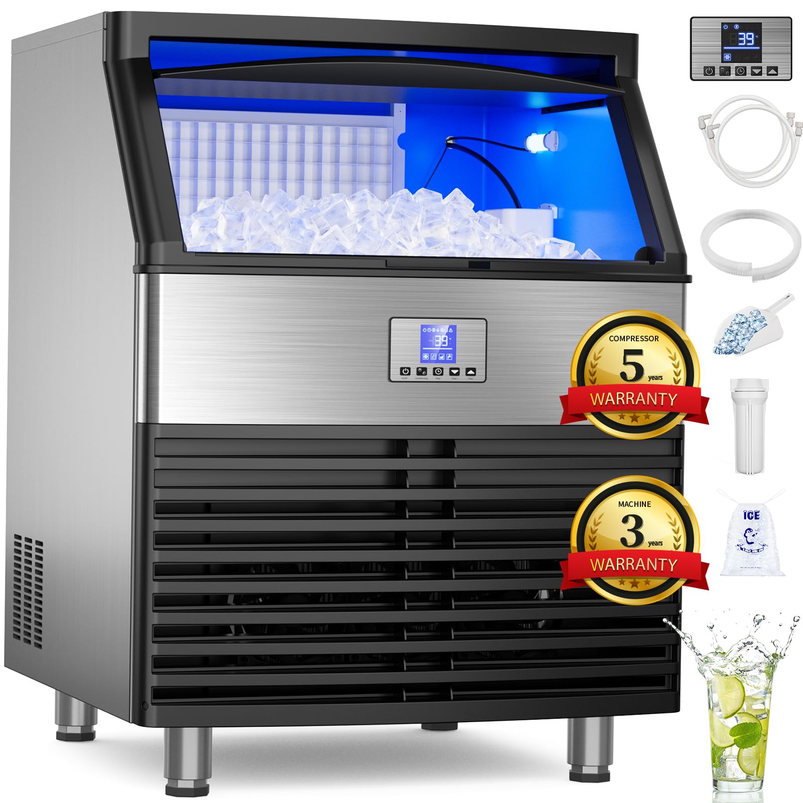 Commercial Ice Maker Machine 450 Lbs/24H, Ice Maker Commercial Stainless with 120 Lbs Storage, Freestanding Ice Maker Machine Ready Ice Cubes in 8-10 Mins, Thicknesses Adjustable