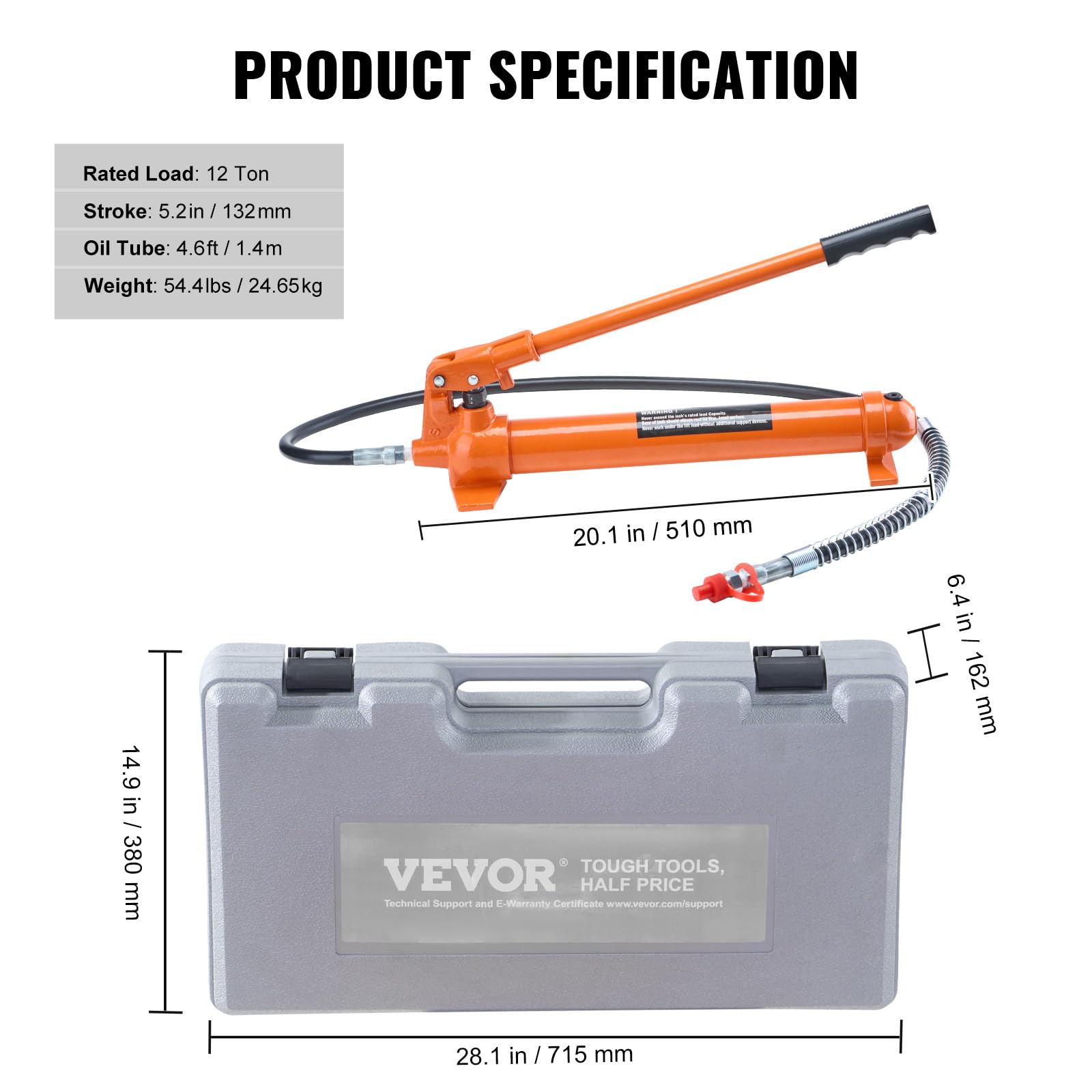 VEVOR Hydraulikzylinder Bausatz, tragbarer hydraulischer Wagenheber 12 t, mit 1,4 m Ölschlauch, Autokarosserierahmen-Reparaturset mit Aufbewahrungskoffer für Autoreparatur, LKW, Bauernhof, Orange
