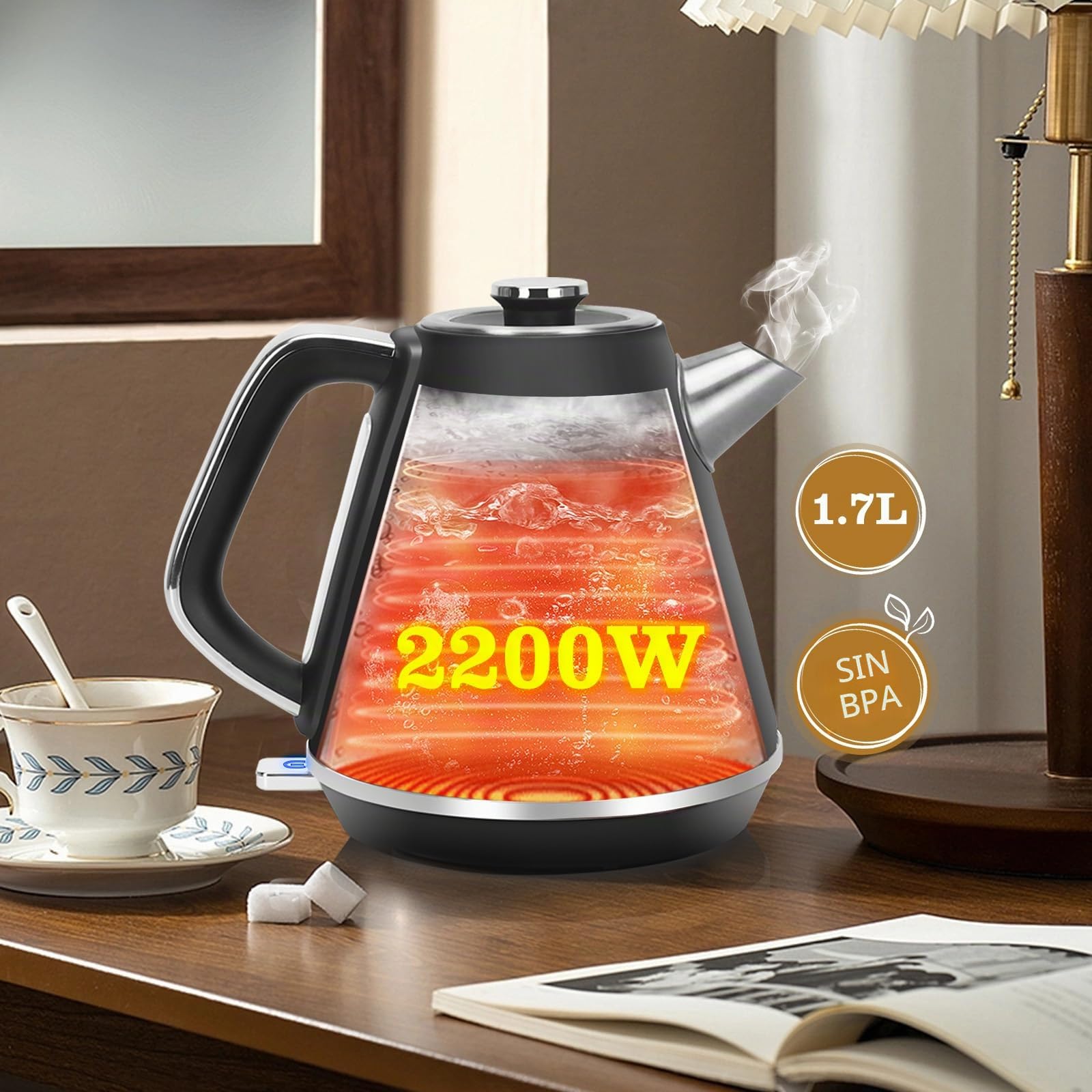 Taylor Swoden Aladin - Hervidor de agua eléctrico retro, 2200W, inalámbrico, diseño retro, 1,7 litros, acero inoxidable, apagado automático, ventana para visualizar la temperatura. | Con indicador de temperatura analógico, indicador de nivel de agua ilumi